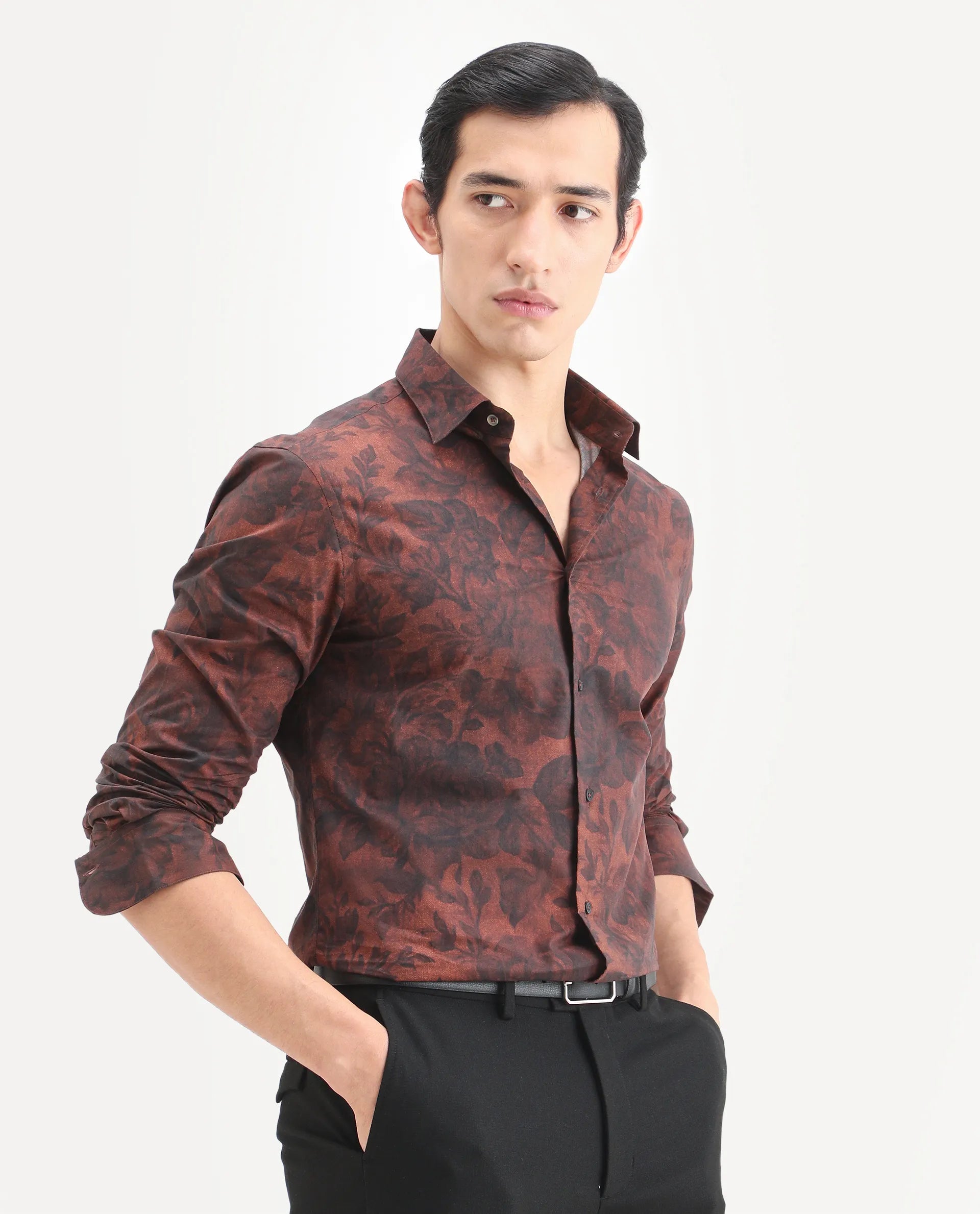 Rare Rabbit Men's Maso Dusky Brown Cotton Fabric Full Sleeve Spread Collar Regular Fit Floral Print Shirt