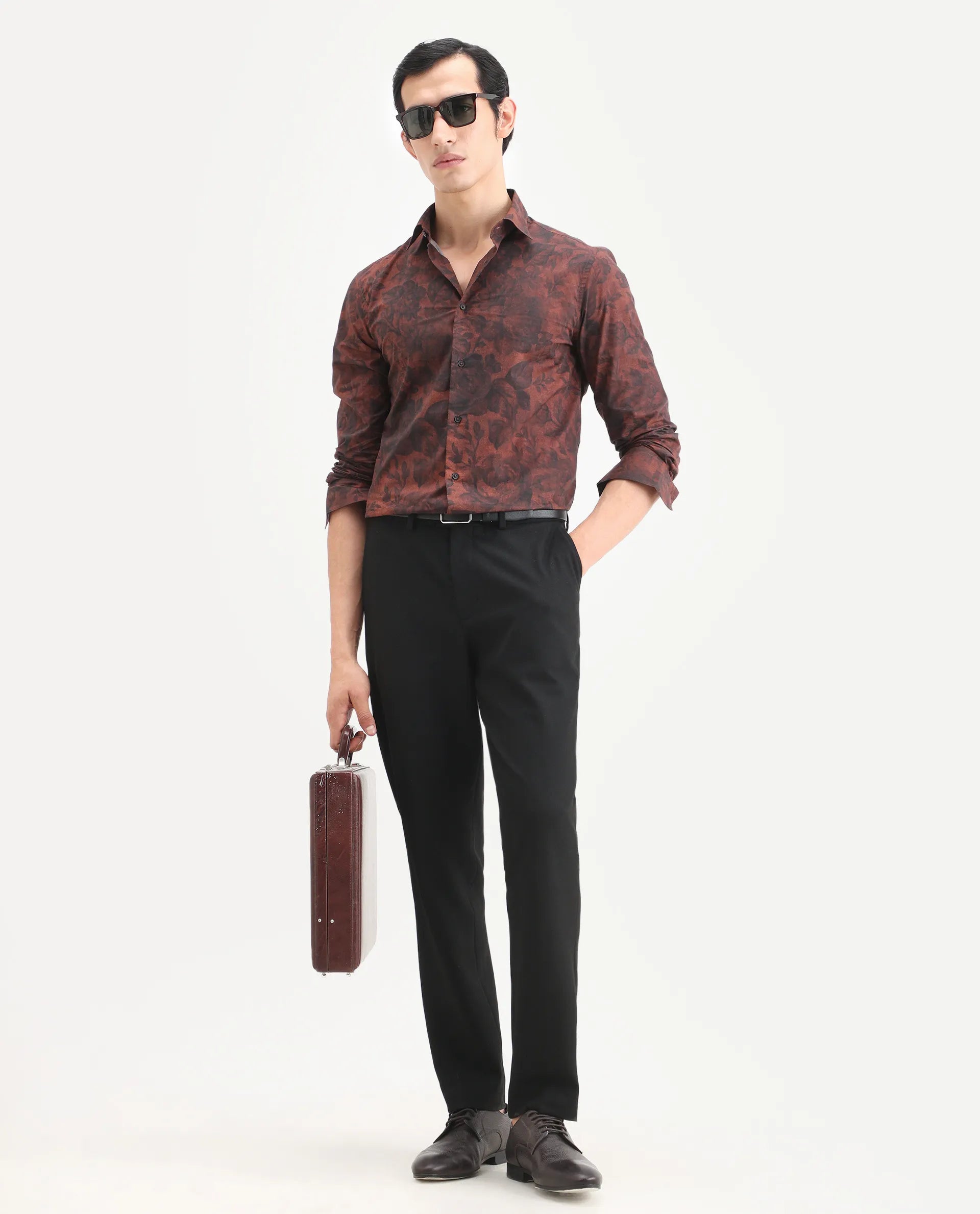 Rare Rabbit Men's Maso Dusky Brown Cotton Fabric Full Sleeve Spread Collar Regular Fit Floral Print Shirt