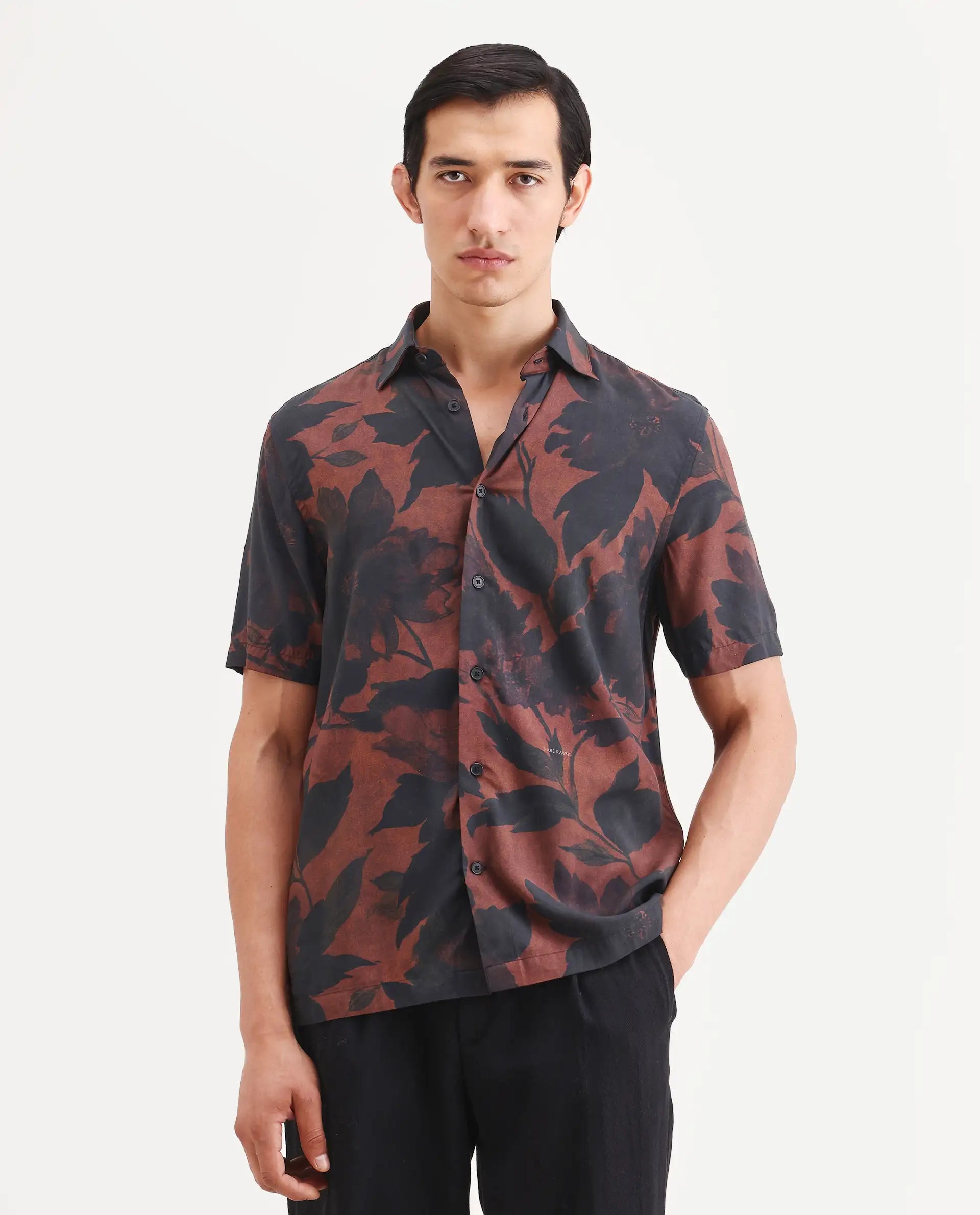 Rare Rabbit Men's Mork Dusky Brown Viscose Fabric Half Sleeve Spread Collar Regular Fit Tropical Print Shirt
