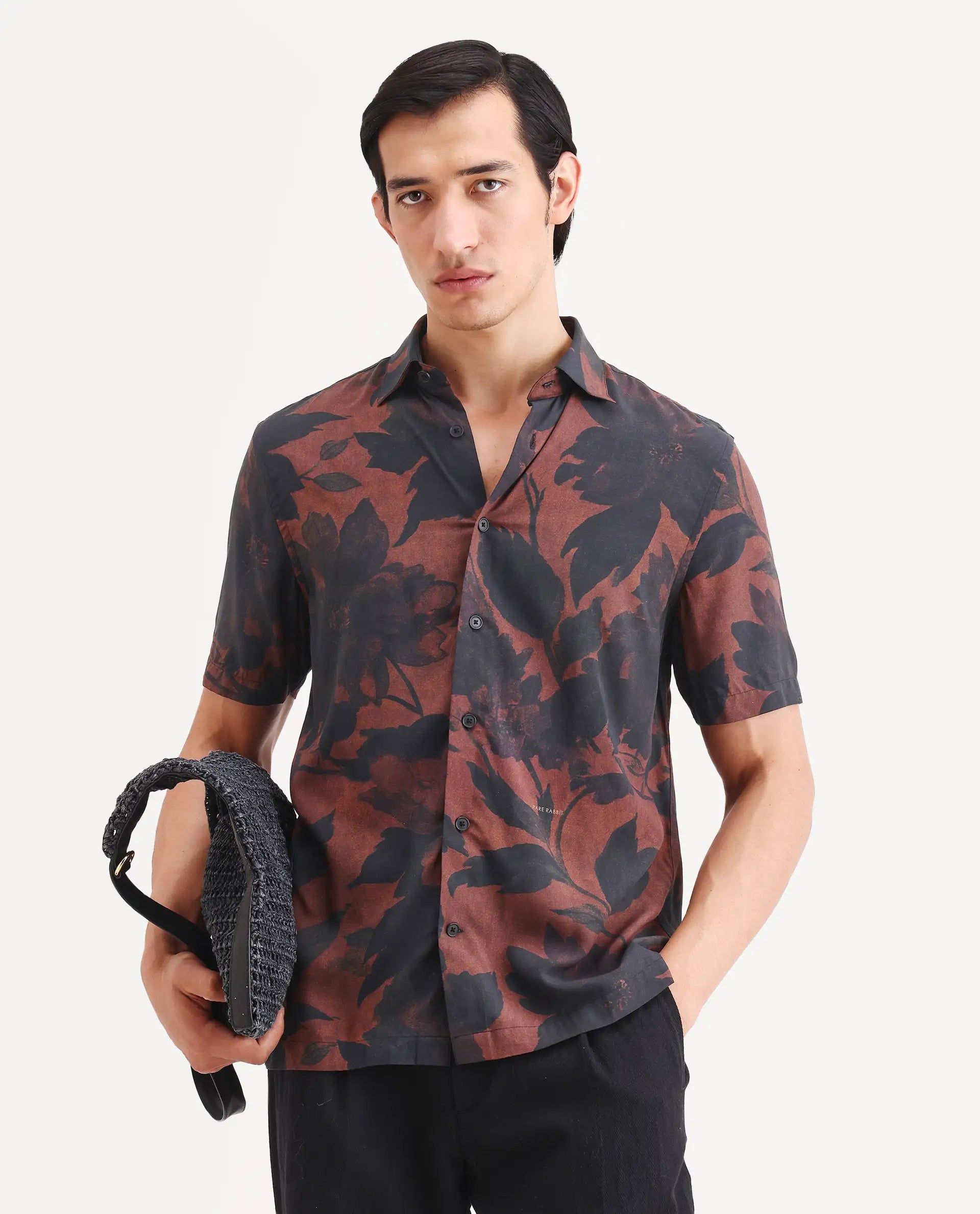 Rare Rabbit Men's Mork Dusky Brown Viscose Fabric Half Sleeve Spread Collar Regular Fit Tropical Print Shirt
