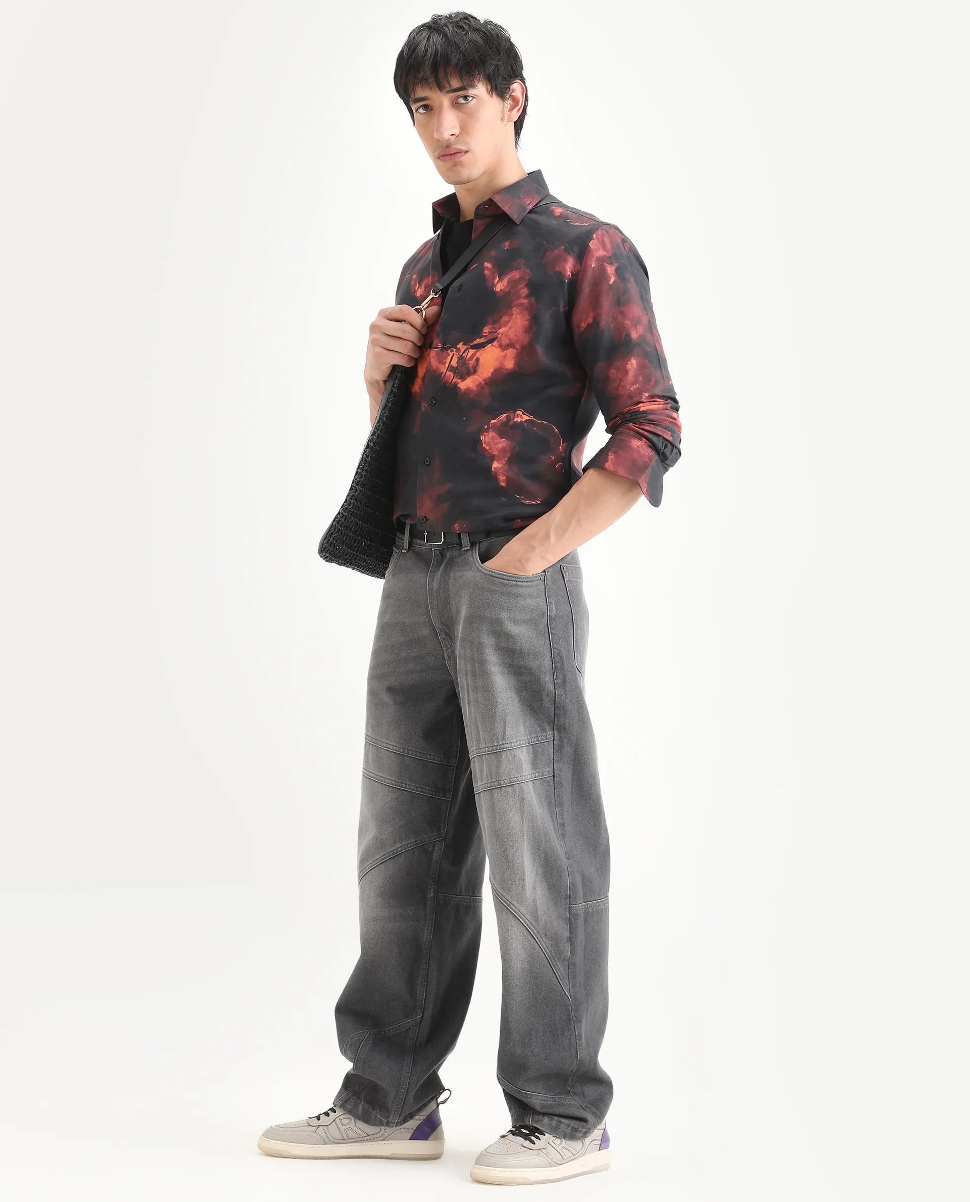 Rare Rabbit Men's Nemi Black Cotton Blend Fabric Full Sleeve Spread Collar Regular Fit Abstract Print Shirt