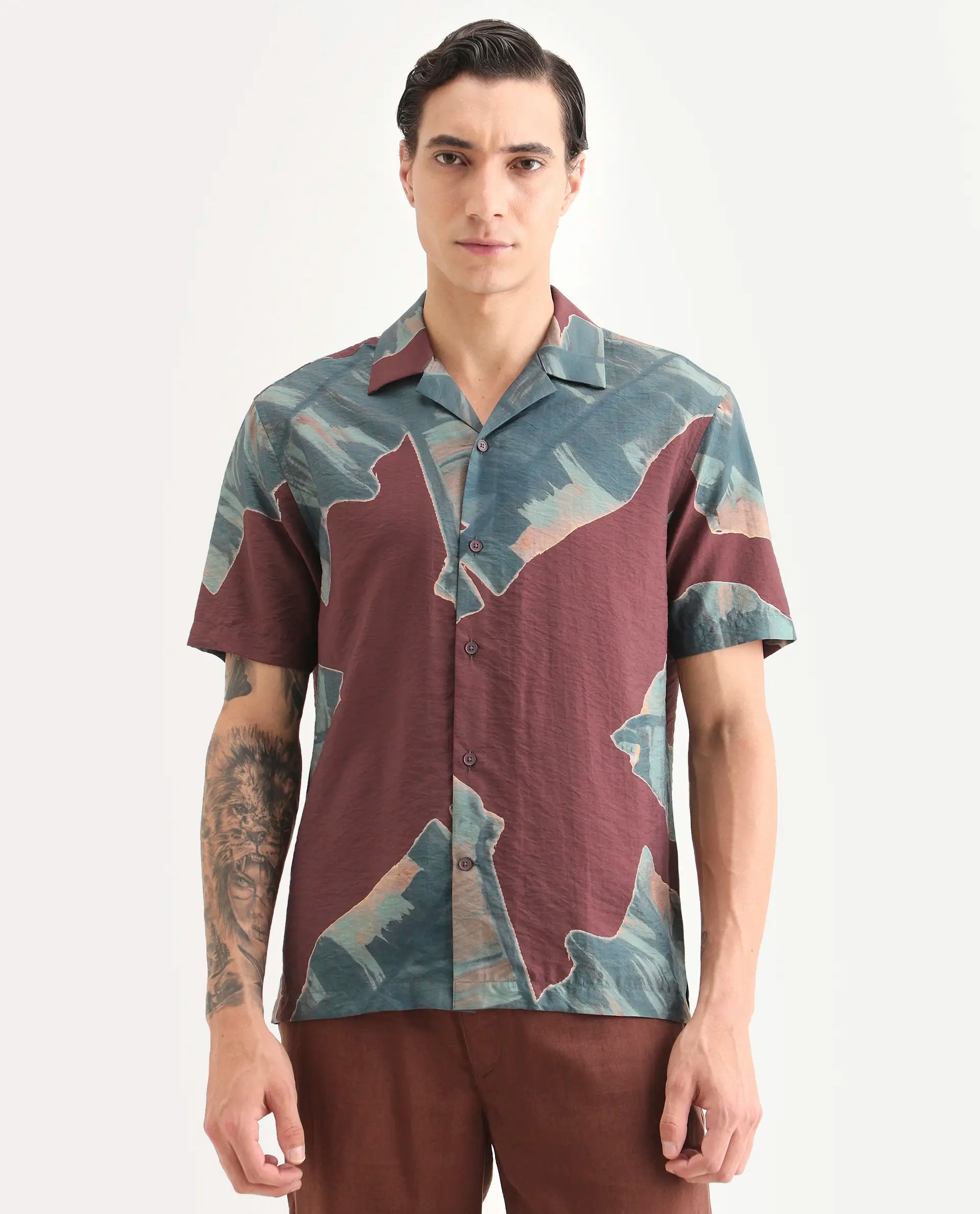 Rare Rabbit Men's Noxi Maroon Viscose Blend Fabric Half Sleeve Spread Collar Regular Fit Tropical Print Shirt