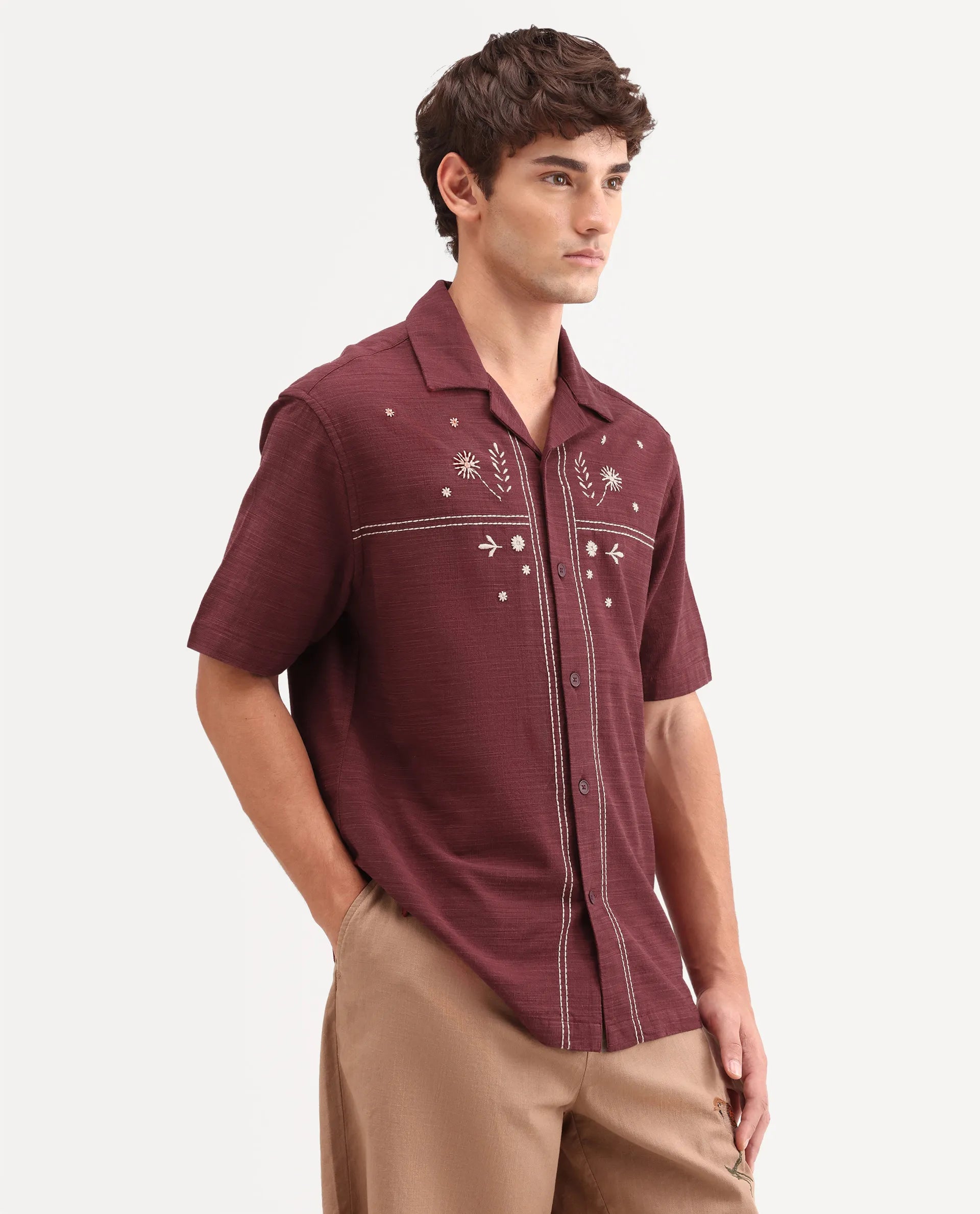 Rare Rabbit Men's Gwen 26 Red Cotton Blend Fabric Half Sleeve Cuban Collar Relaxed Fit Embroidered Shirt