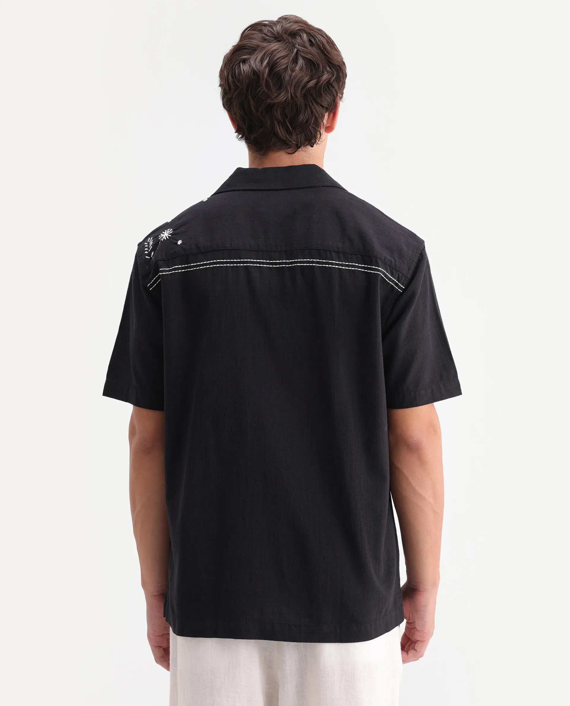 Rare Rabbit Men's Gwen 26 Black Cotton Blend Fabric Half Sleeve Cuban Collar Relaxed Fit Embroidered Shirt