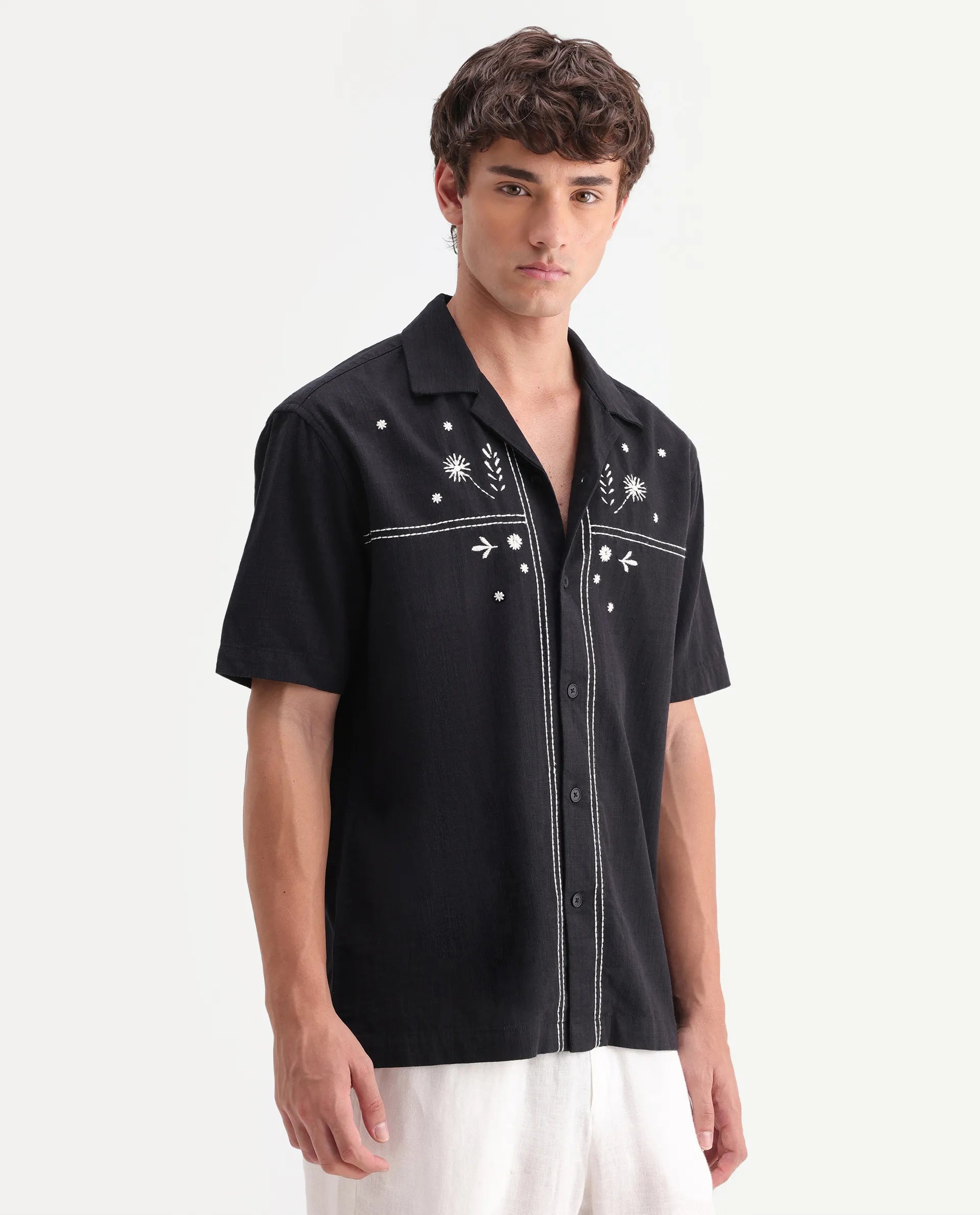 Rare Rabbit Men's Gwen 26 Black Cotton Blend Fabric Half Sleeve Cuban Collar Relaxed Fit Embroidered Shirt