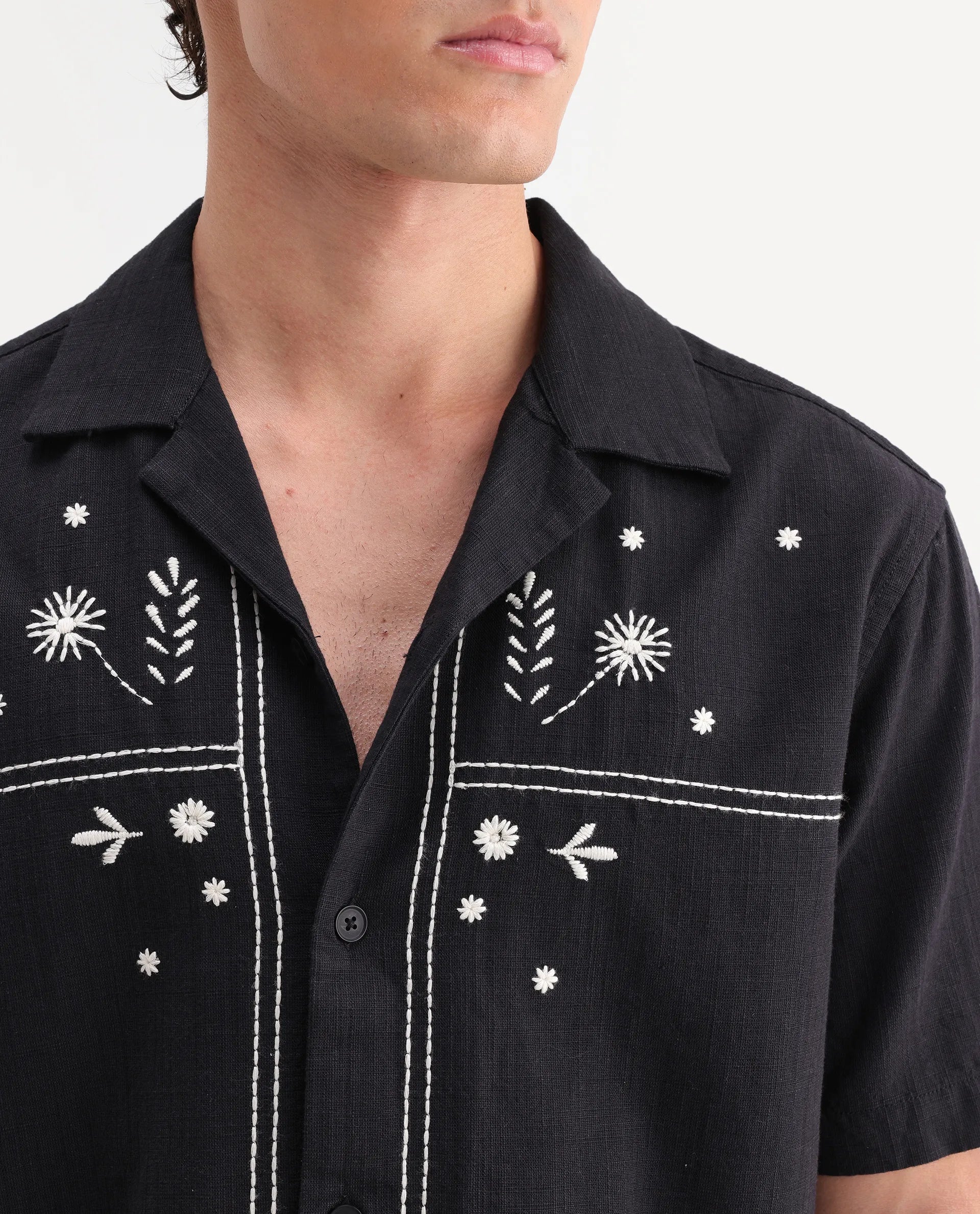 Rare Rabbit Men's Gwen 26 Black Cotton Blend Fabric Half Sleeve Cuban Collar Relaxed Fit Embroidered Shirt