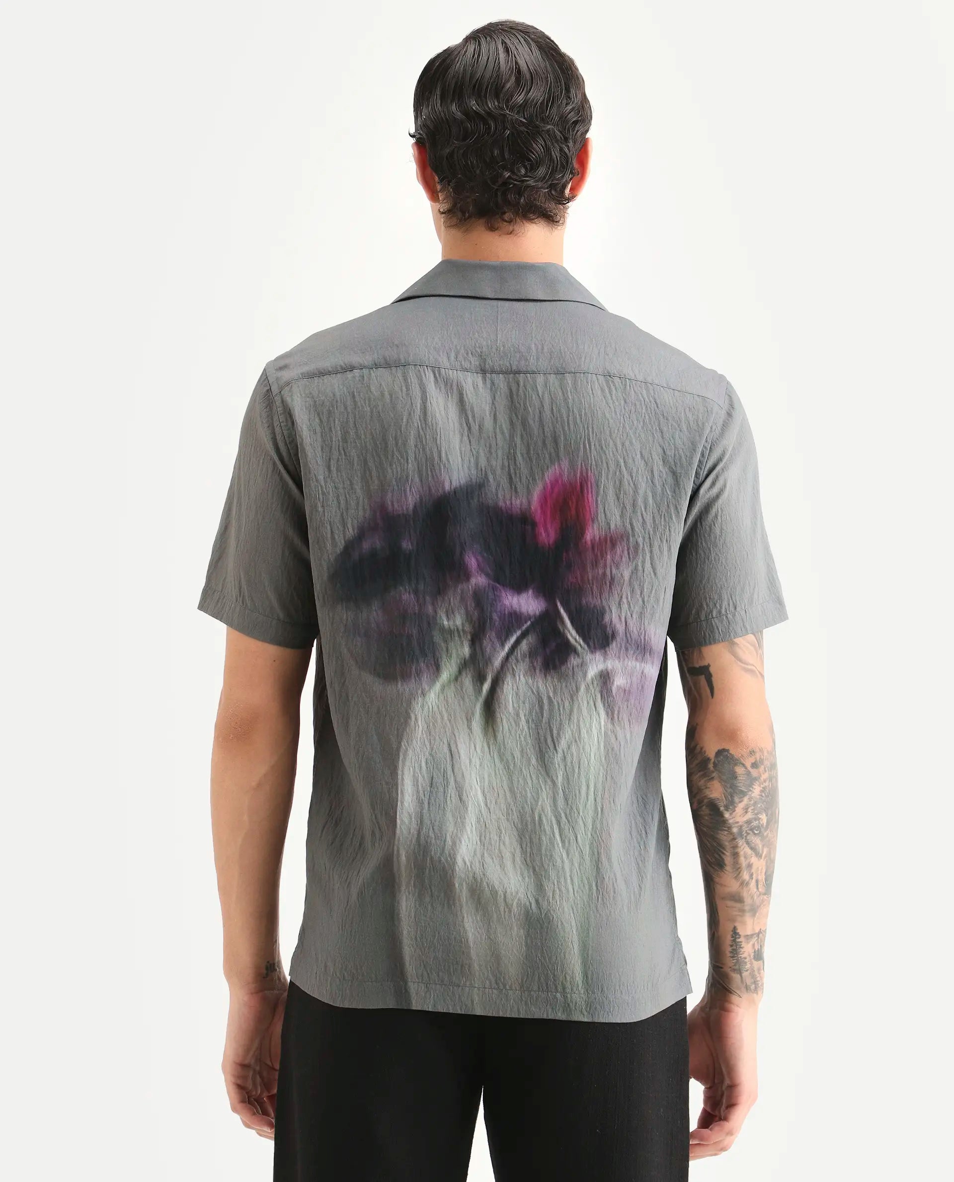 Rare Rabbit Men's Orla Grey Viscose Blend Fabric Half Sleeve Cuban Collar Regular Fit Floral Print Shirt