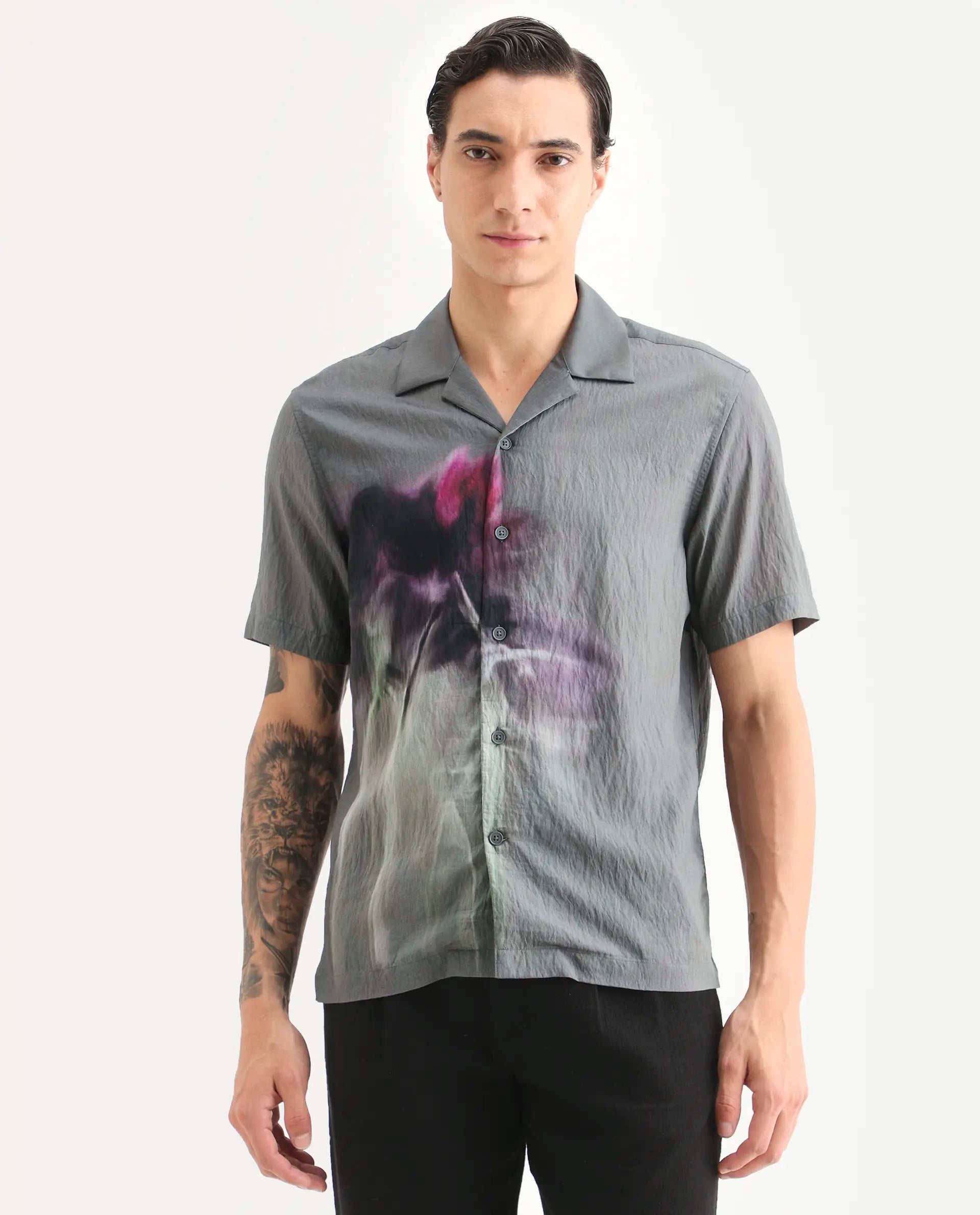 Rare Rabbit Men's Orla Grey Viscose Blend Fabric Half Sleeve Cuban Collar Regular Fit Floral Print Shirt