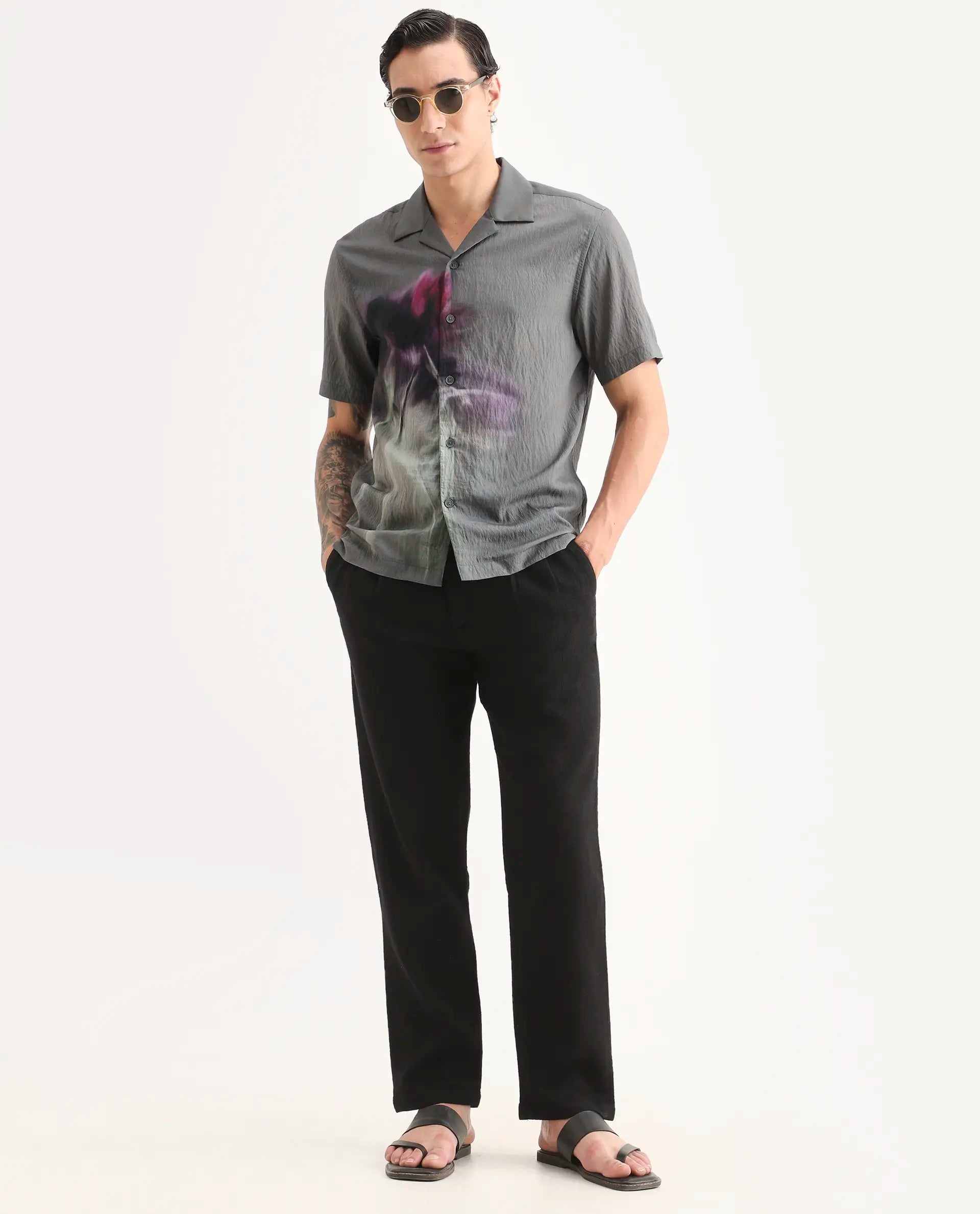 Rare Rabbit Men's Orla Grey Viscose Blend Fabric Half Sleeve Cuban Collar Regular Fit Floral Print Shirt