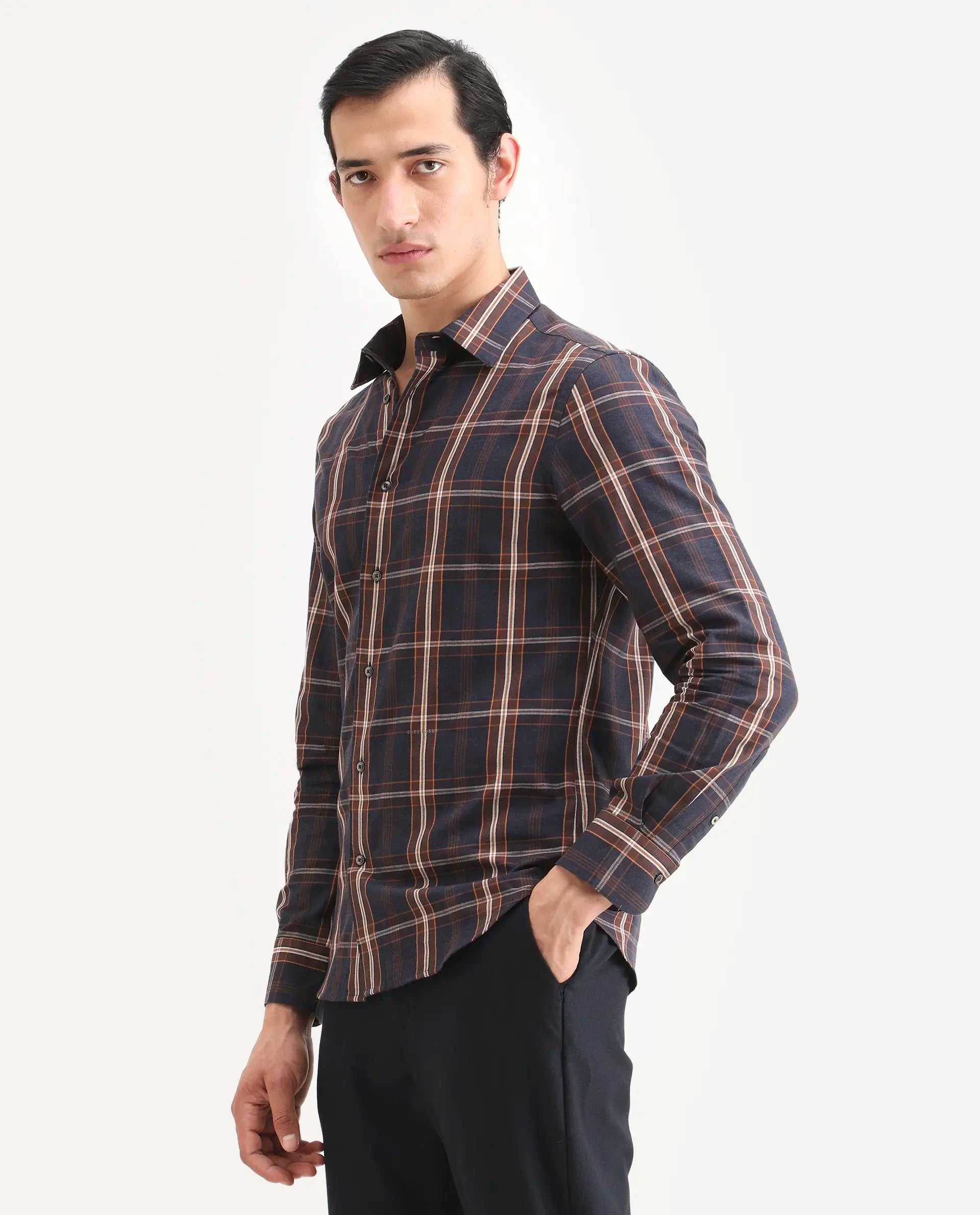 Rare Rabbit Men's Dor-S26 Navy Cotton Fabric Full Sleeve Spread Collar Regular Fit Checked Shirt