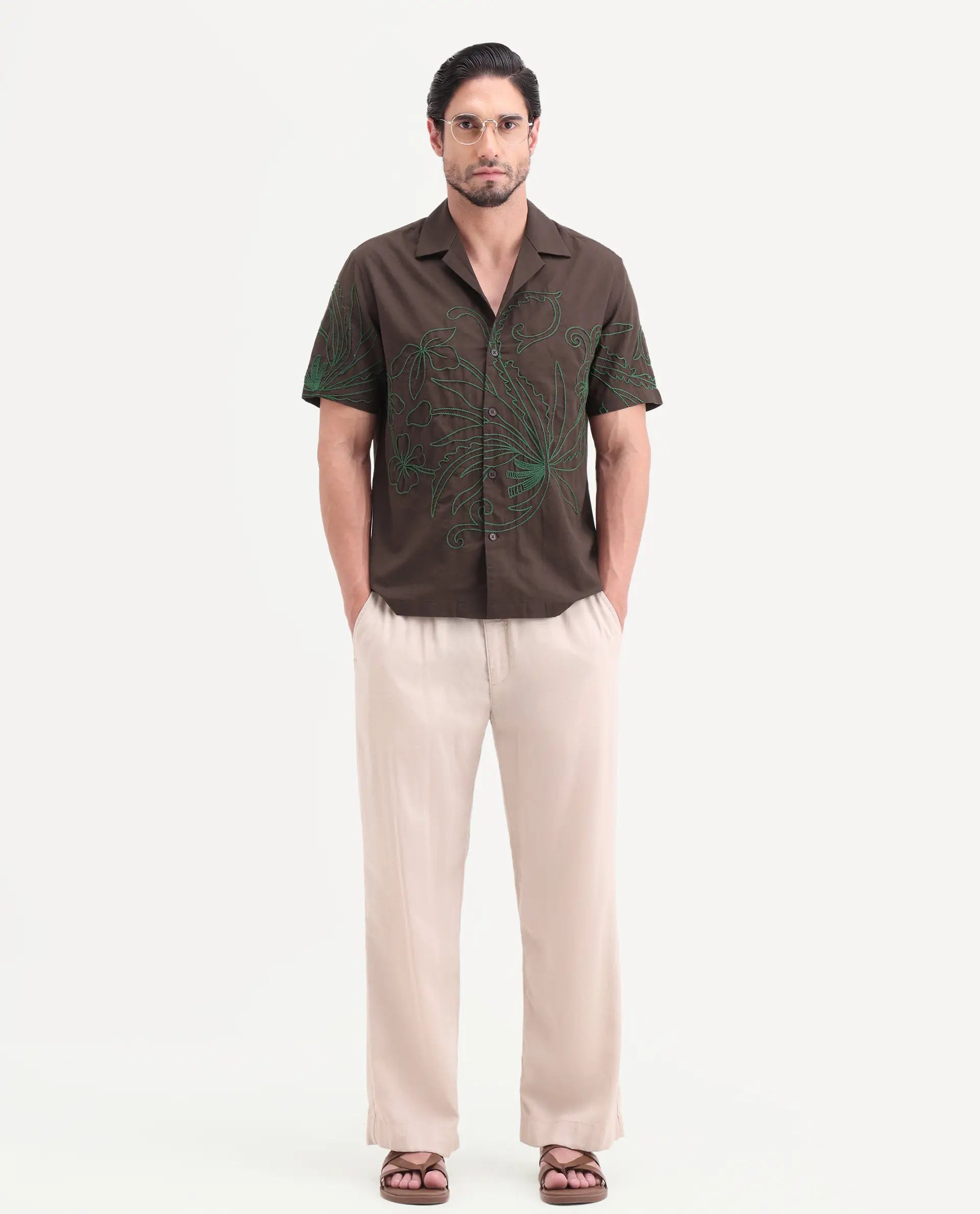 Rare Rabbit Men's Anto Dark Brown Cotton Blend Fabric Half Sleeve Cuban Collar Regular Embroidered Shirt