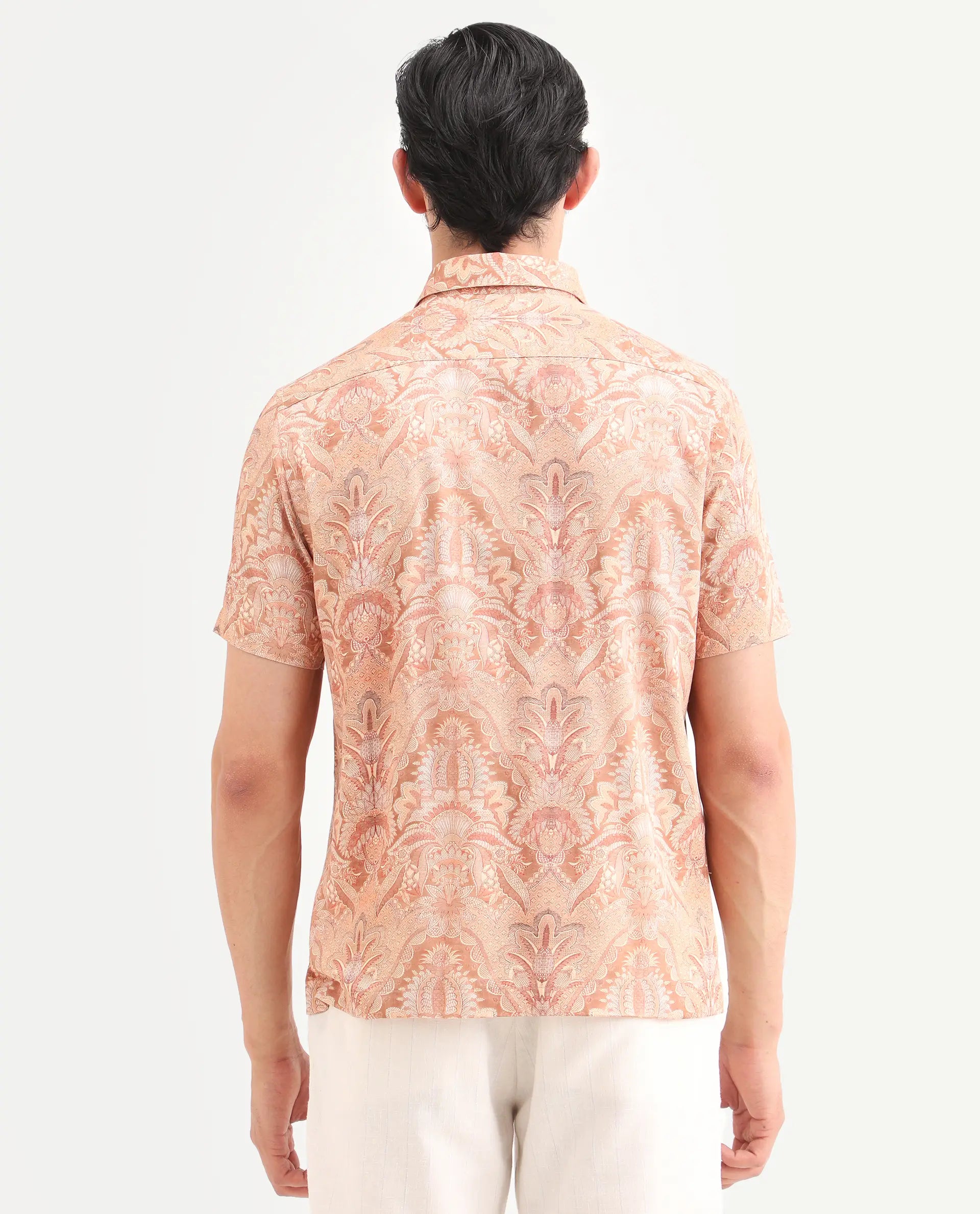 Rare Rabbit Men's Pear Dusky Orange Cotton Blend Fabric Half Sleeve Spread Collar Regular Fit Abstract Print Shirt