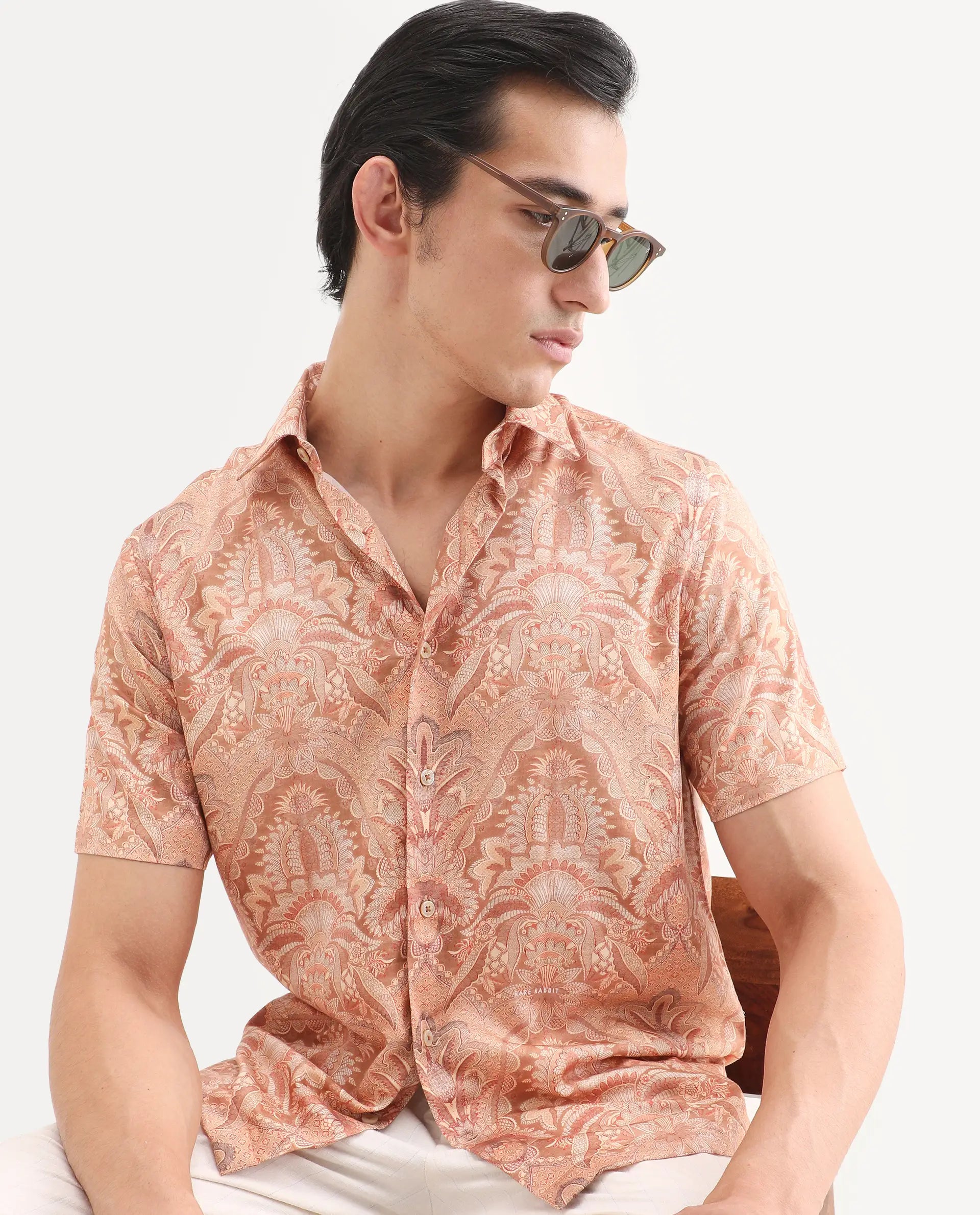 Rare Rabbit Men's Pear Dusky Orange Cotton Blend Fabric Half Sleeve Spread Collar Regular Fit Abstract Print Shirt