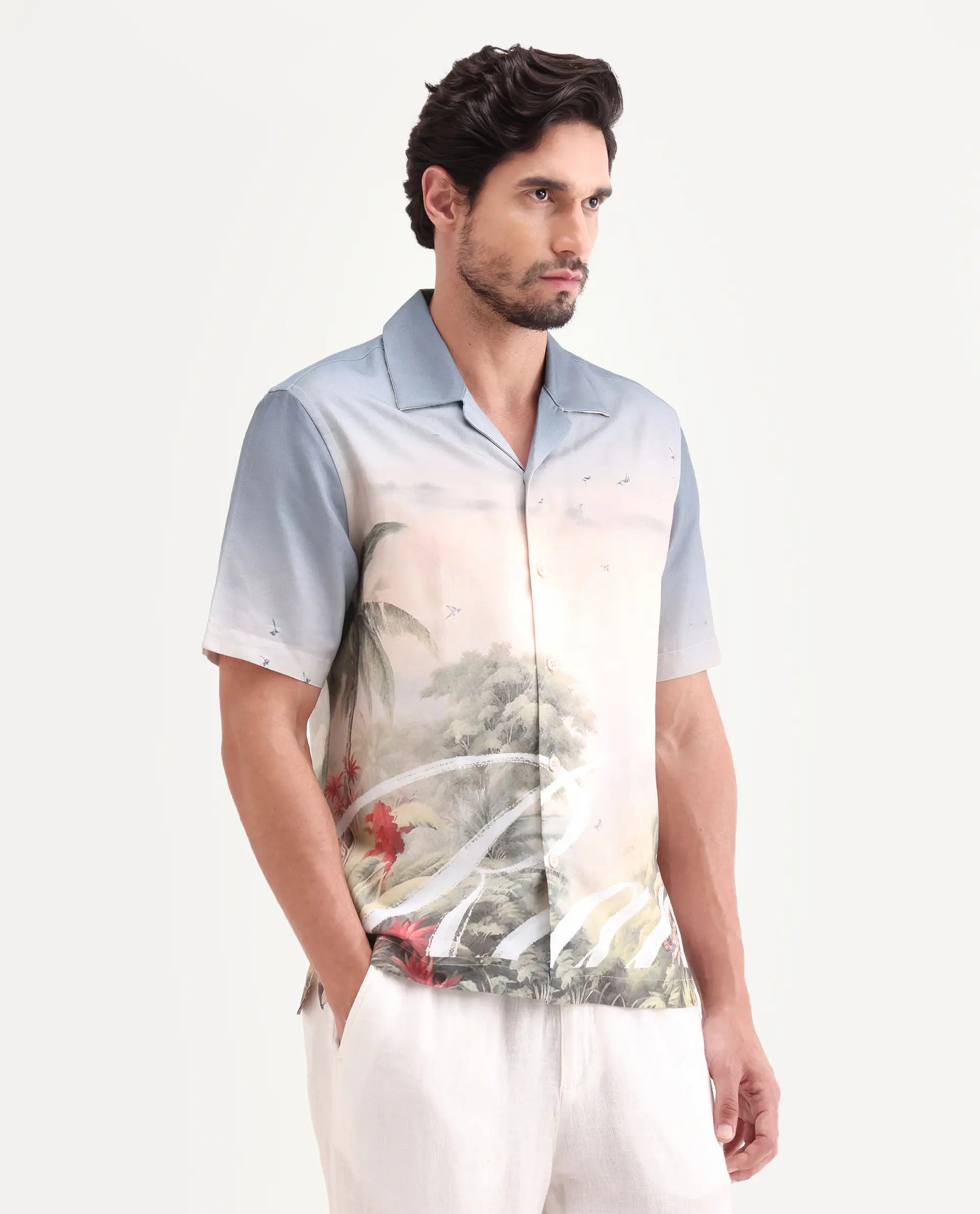 Rare Rabbit Men's Pexa Dusky Peach Cotton Blend Fabric Half Sleeve Cuban Collar Regular Fit Tropical Print Shirt