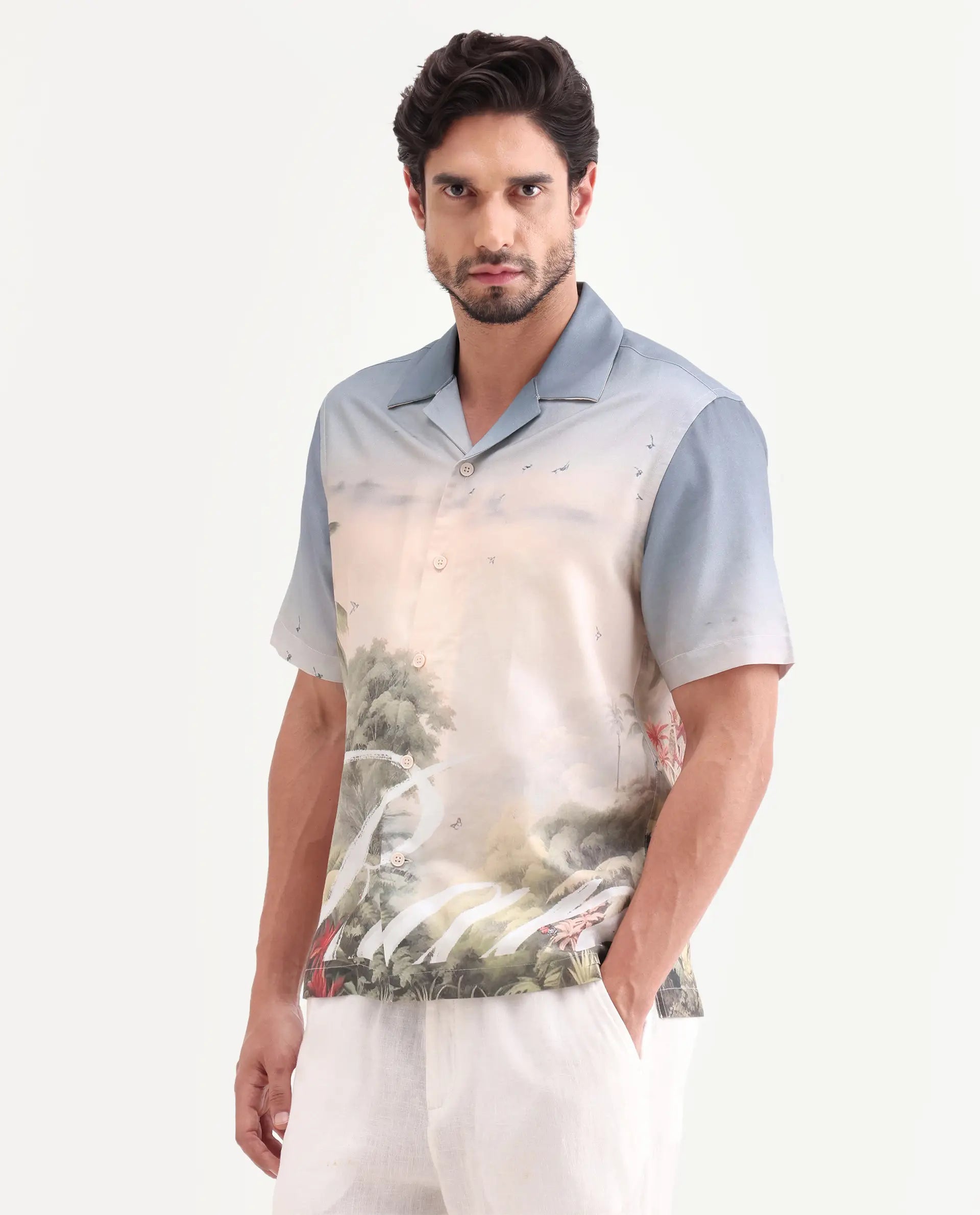 Rare Rabbit Men's Pexa Dusky Peach Cotton Blend Fabric Half Sleeve Cuban Collar Regular Fit Tropical Print Shirt