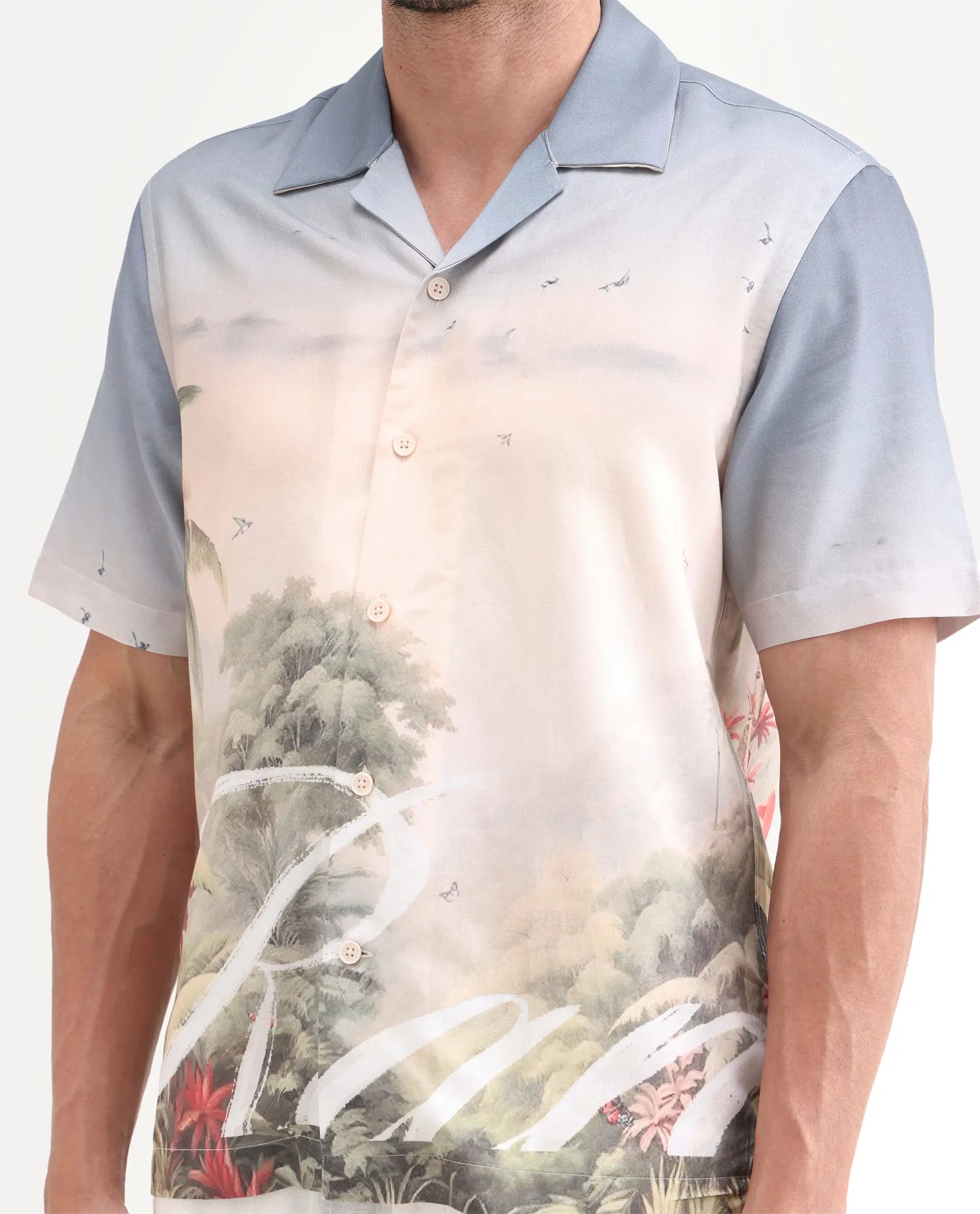 Rare Rabbit Men's Pexa Dusky Peach Cotton Blend Fabric Half Sleeve Cuban Collar Regular Fit Tropical Print Shirt