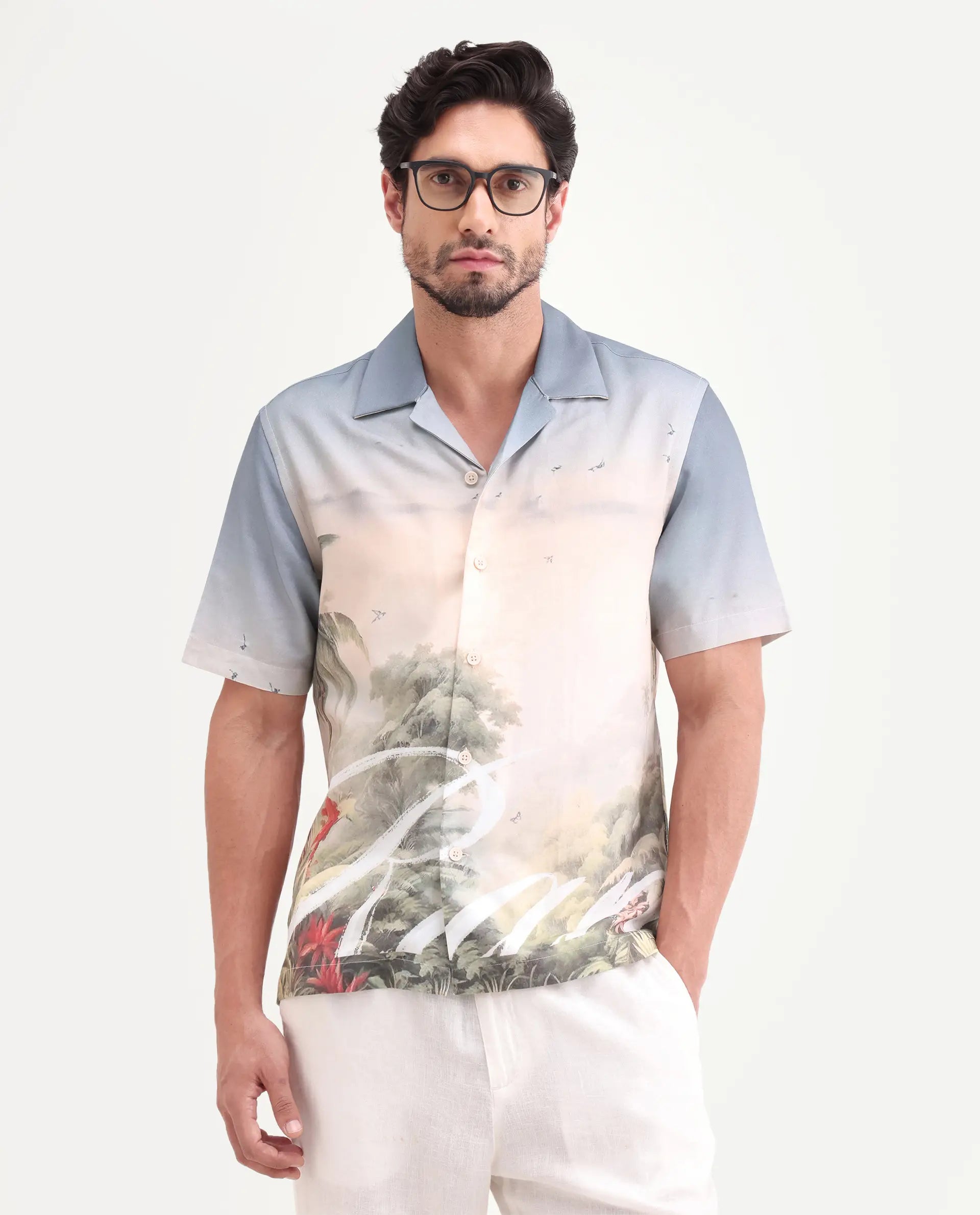 Rare Rabbit Men's Pexa Dusky Peach Cotton Blend Fabric Half Sleeve Cuban Collar Regular Fit Tropical Print Shirt