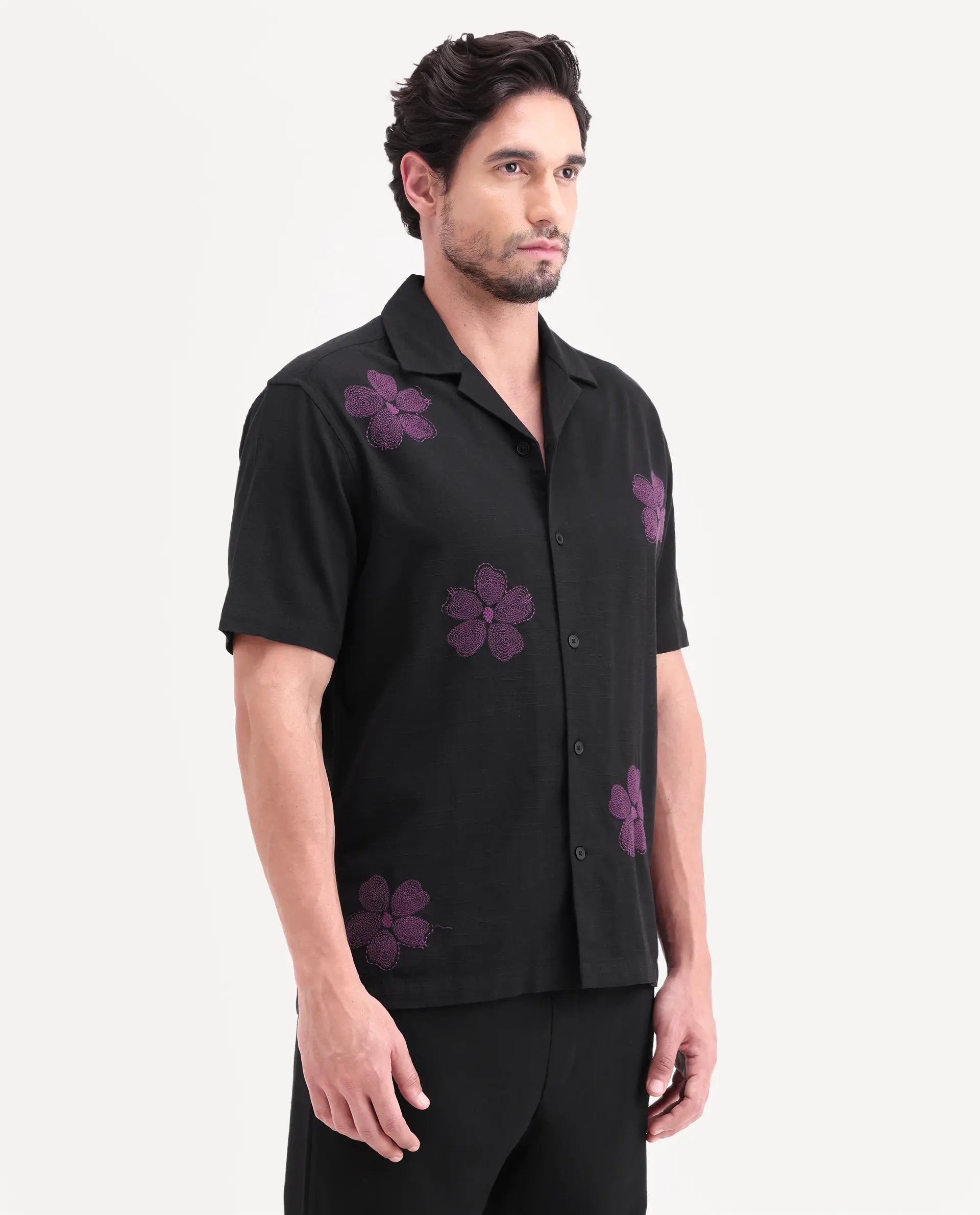 Rare Rabbit Men's Waxi Black Cotton Blend Fabric Half Sleeve Cuban Collar Relaxed Fit Embroidered Shirt