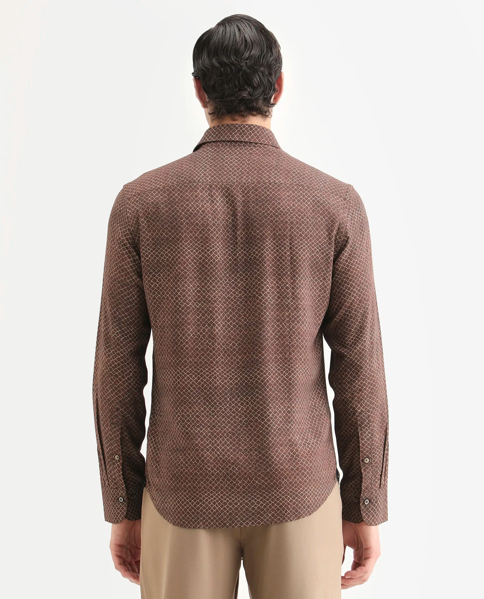 Rare Rabbit Men's Prit-L Brown Viscose Fabric Full Sleeve Spread Collar Regular Fit Geometric Print Shirt