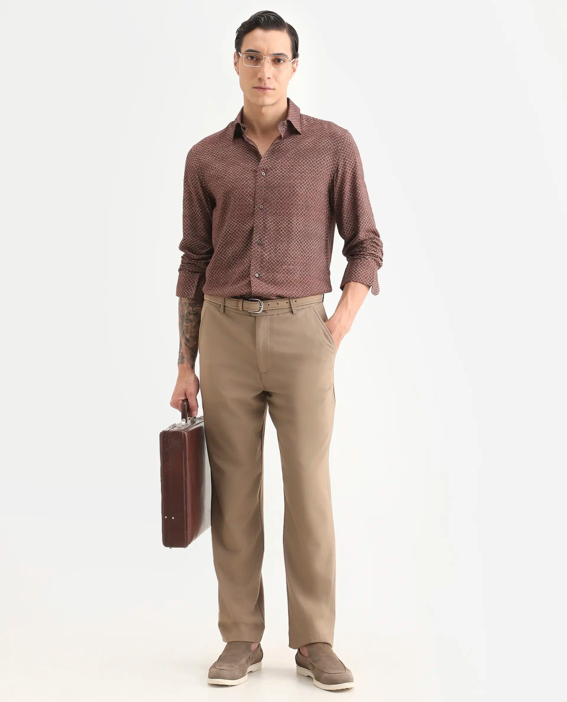 Rare Rabbit Men's Prit-L Brown Viscose Fabric Full Sleeve Spread Collar Regular Fit Geometric Print Shirt