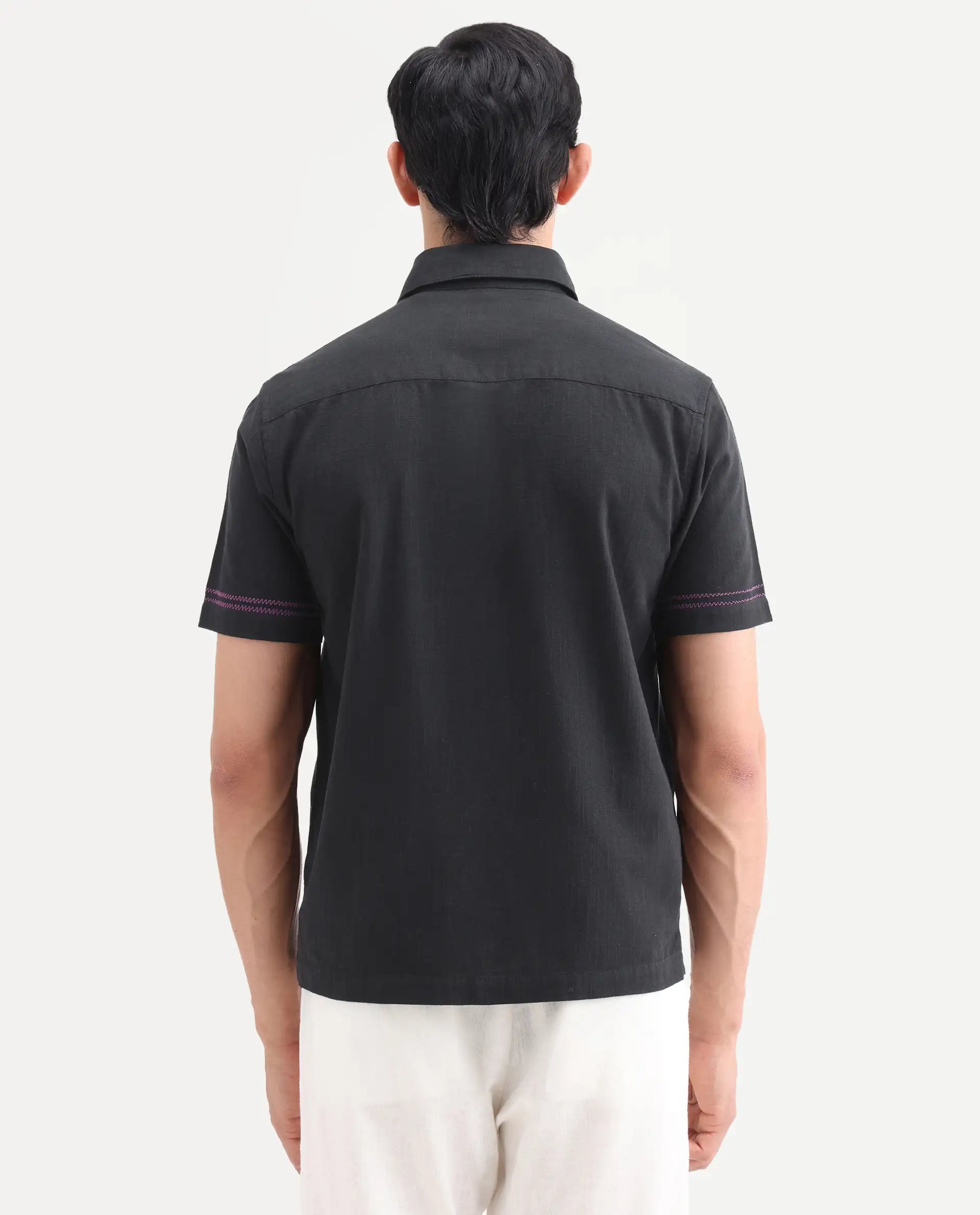 Rare Rabbit Men's Dran Black Cotton Blend Fabric Half Sleeve Spread Collar Regular Fit Embroidered Shirt