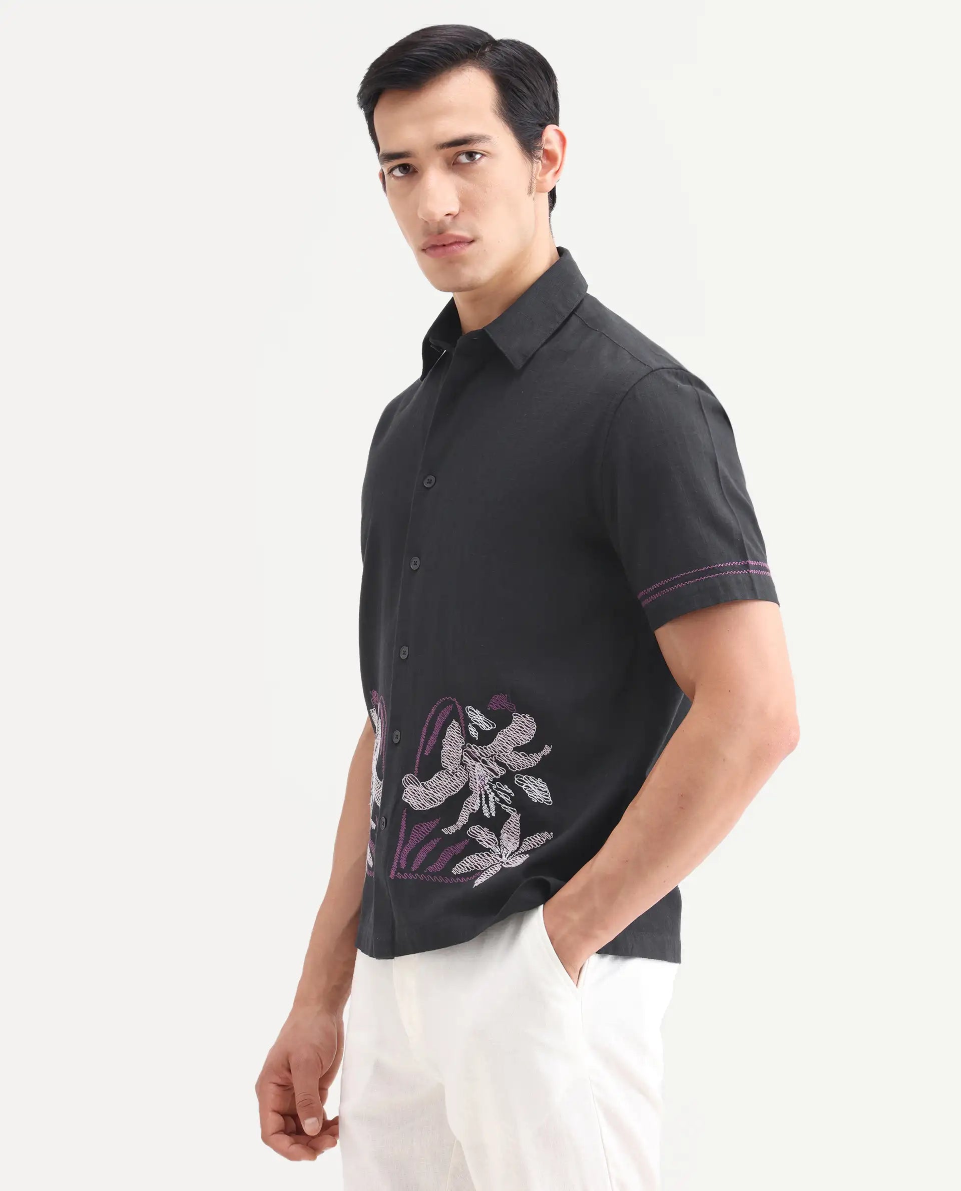 Rare Rabbit Men's Dran Black Cotton Blend Fabric Half Sleeve Spread Collar Regular Fit Embroidered Shirt