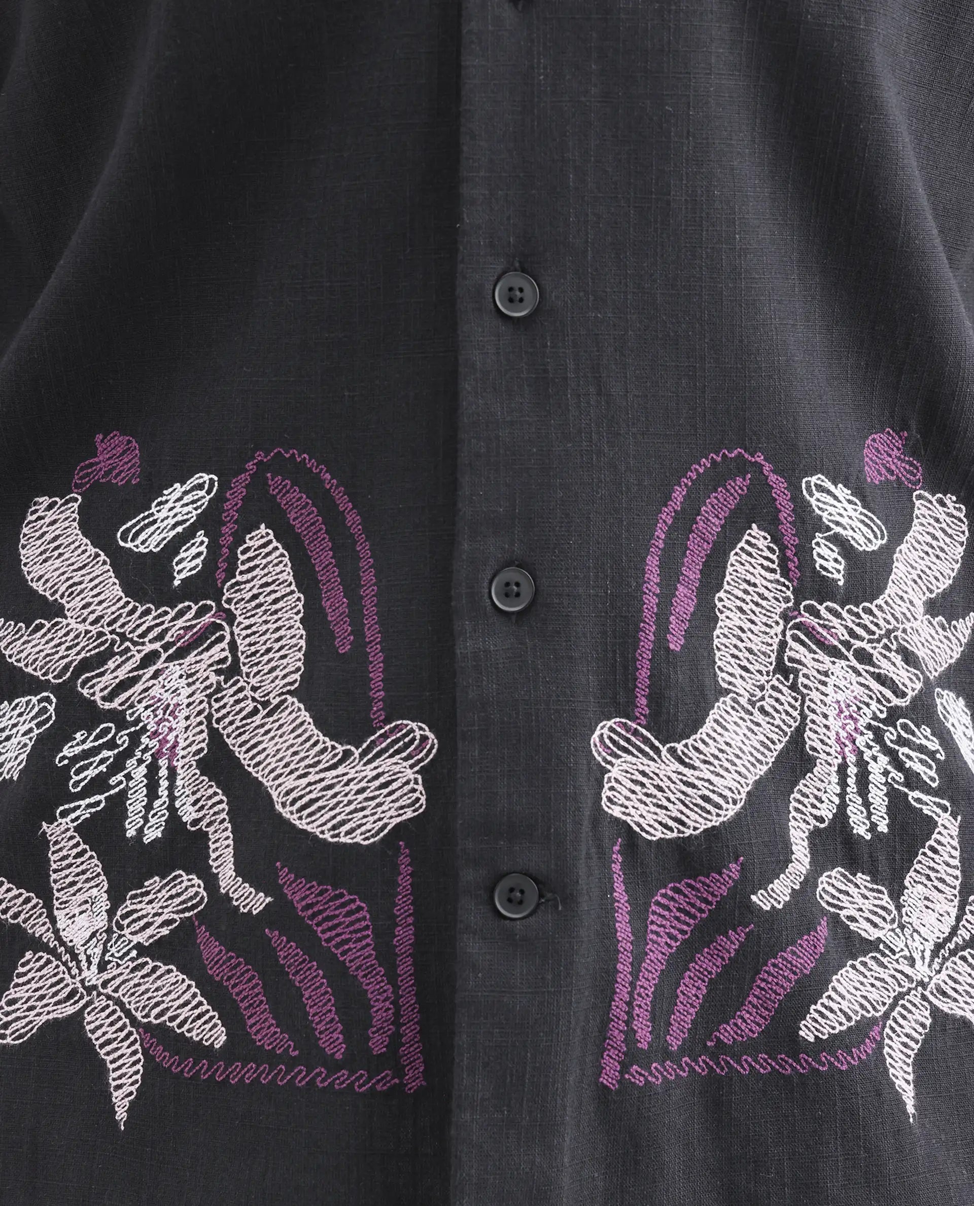Rare Rabbit Men's Dran Black Cotton Blend Fabric Half Sleeve Spread Collar Regular Fit Embroidered Shirt