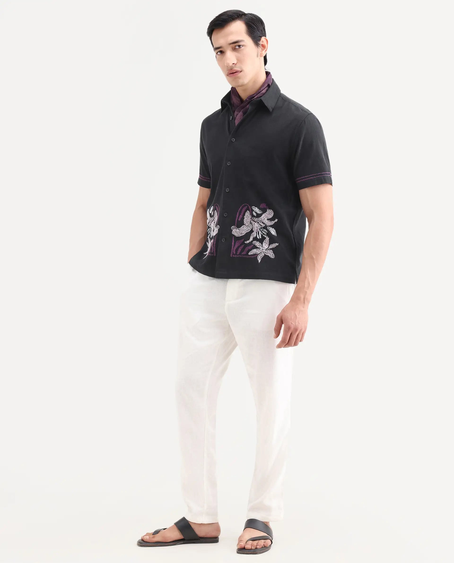 Rare Rabbit Men's Dran Black Cotton Blend Fabric Half Sleeve Spread Collar Regular Fit Embroidered Shirt