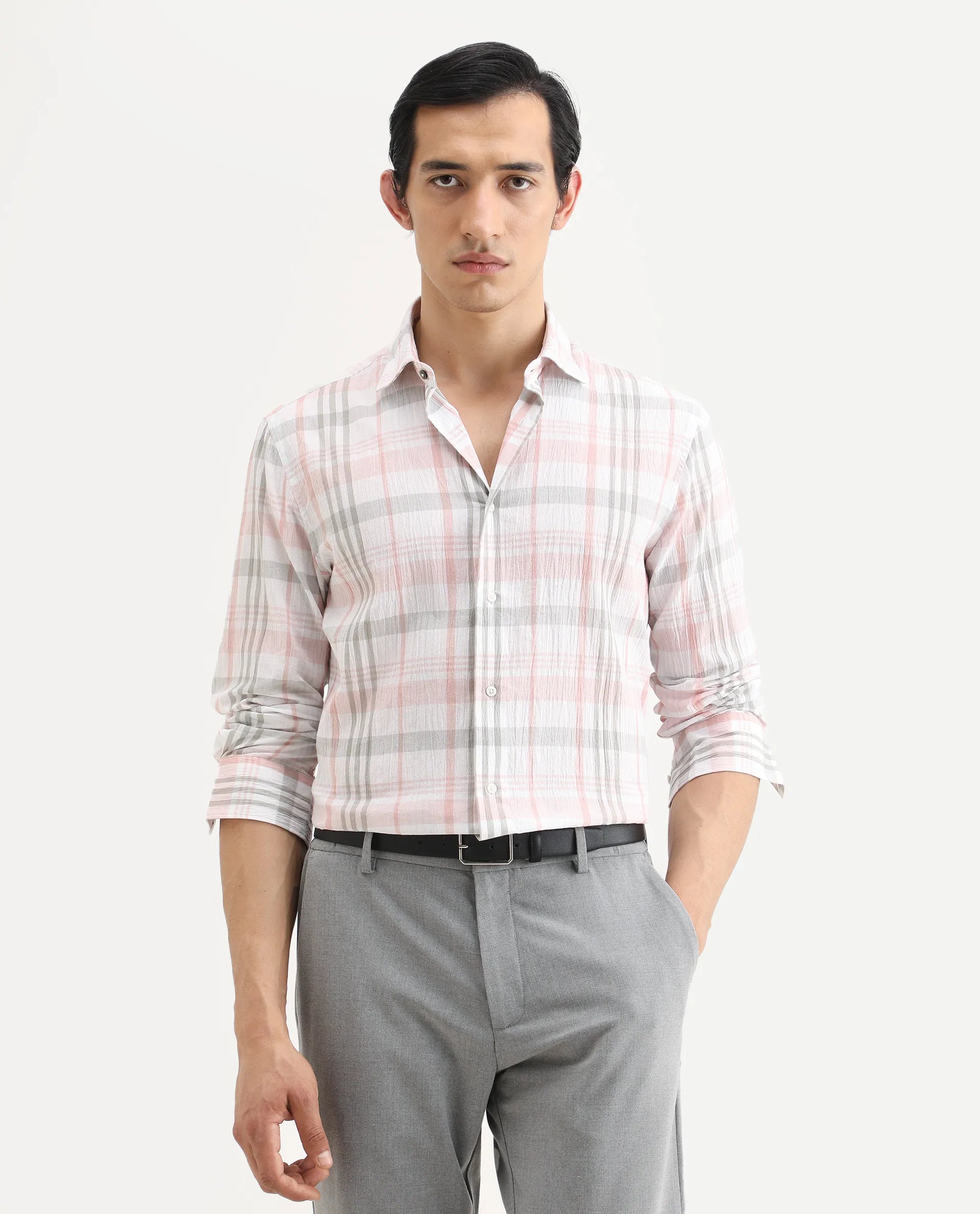 Rare Rabbit Men's Pinge-26 Pastel Pink Cotton Fabric Full Sleeve Spread Collar Regular Fit Checked Shirt