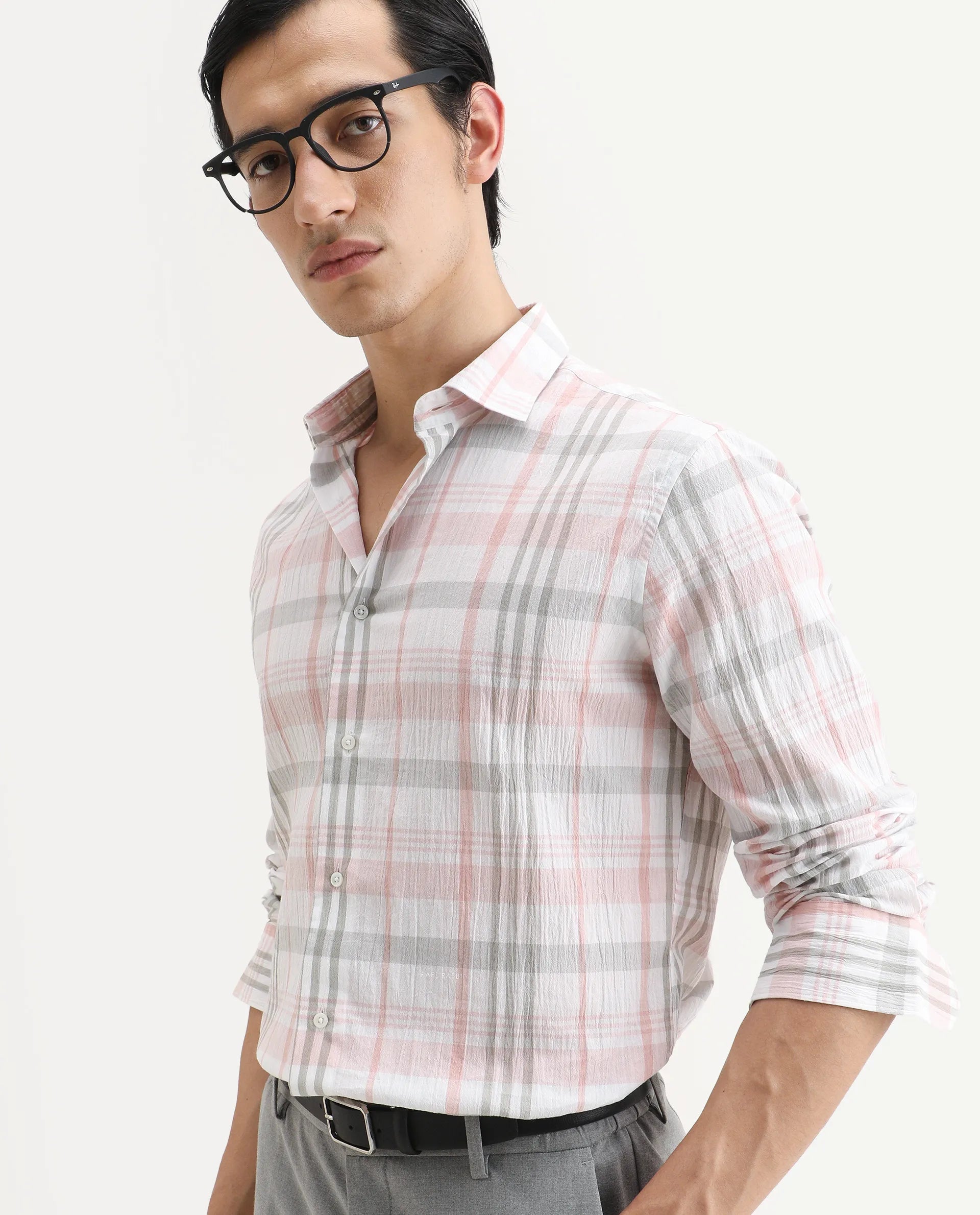 Rare Rabbit Men's Pinge-26 Pastel Pink Cotton Fabric Full Sleeve Spread Collar Regular Fit Checked Shirt