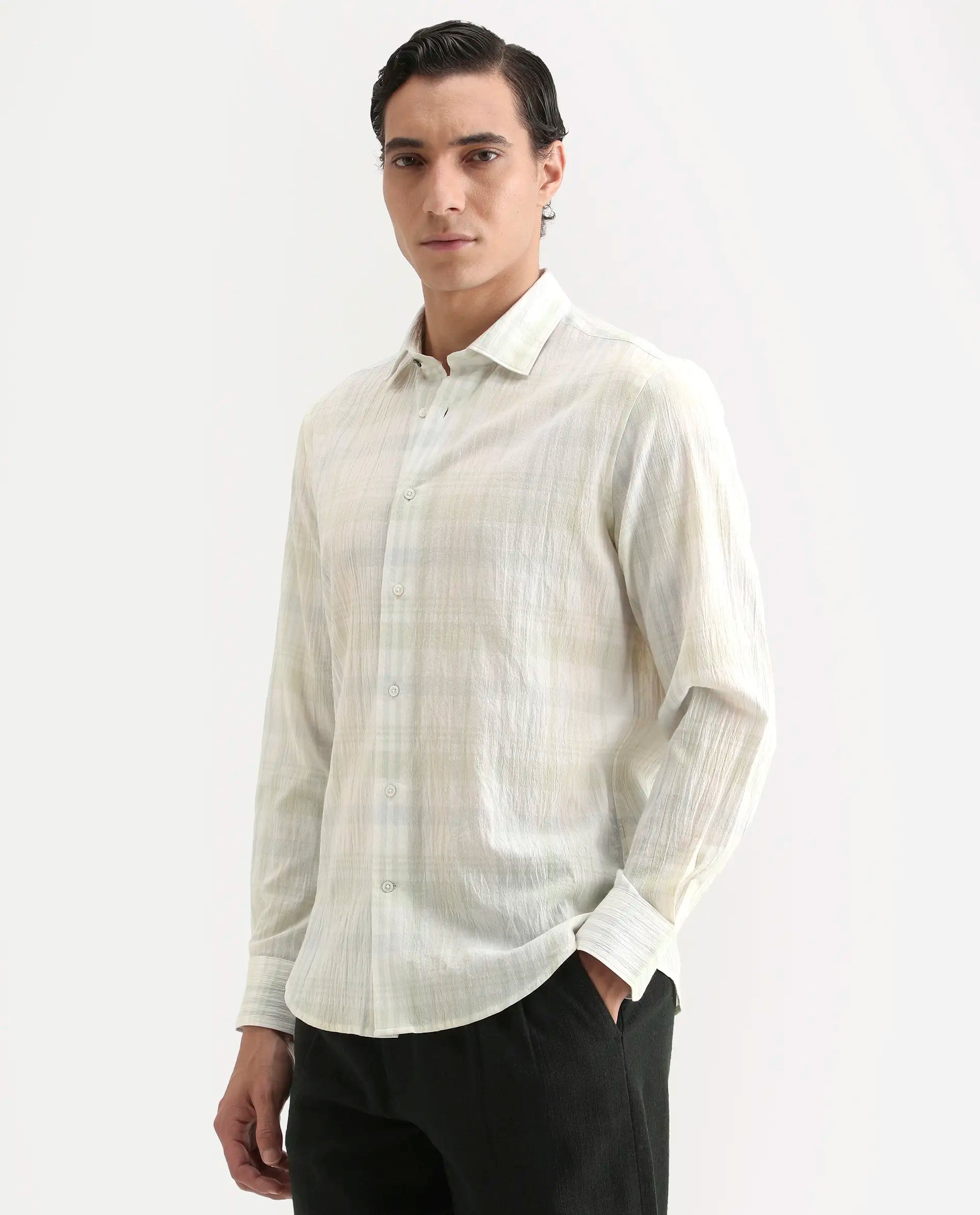 Rare Rabbit Men's Pinge-26 Pastel Green Cotton Fabric Full Sleeve Spread Collar Regular Fit Checked Shirt