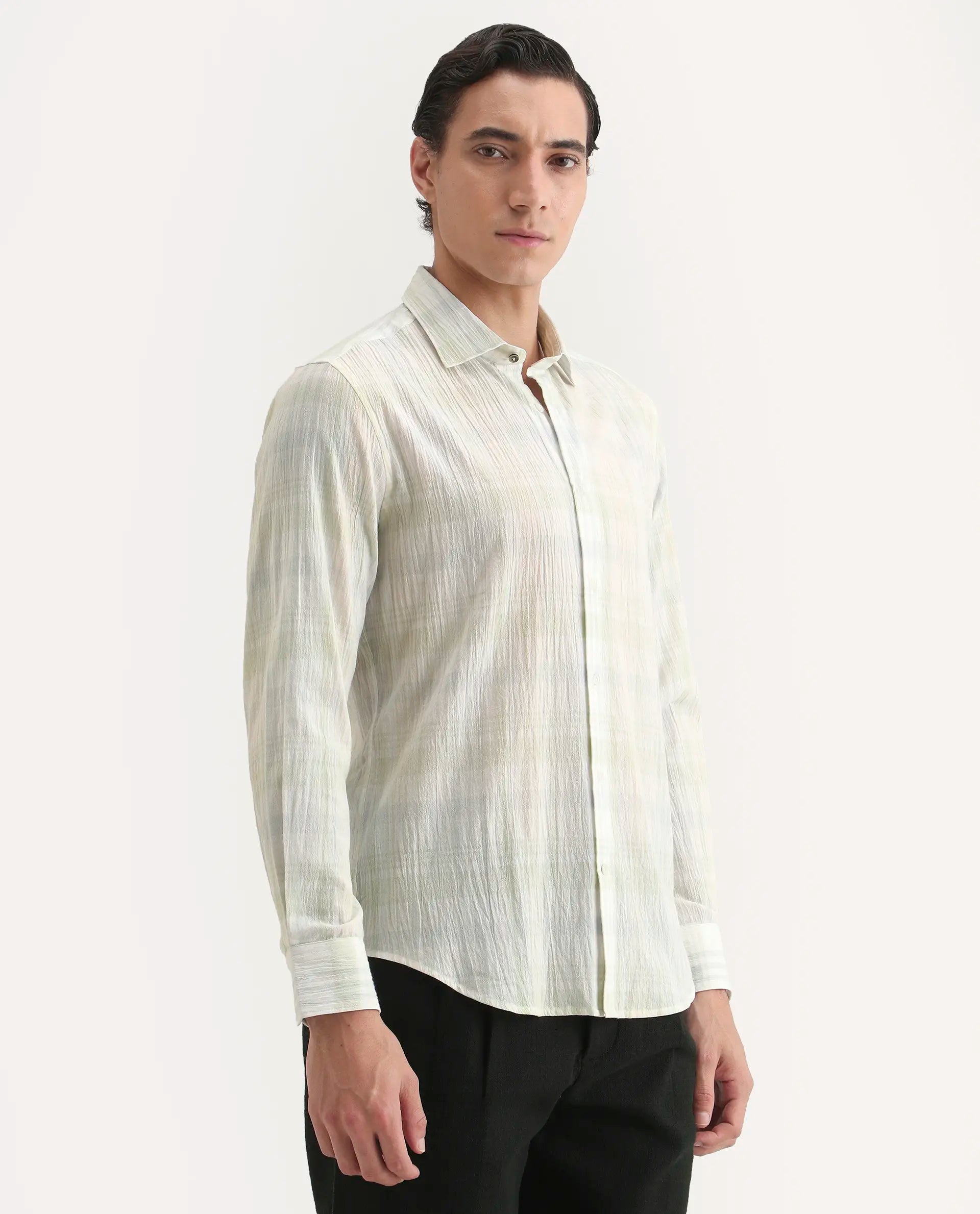 Rare Rabbit Men's Pinge-26 Pastel Green Cotton Fabric Full Sleeve Spread Collar Regular Fit Checked Shirt