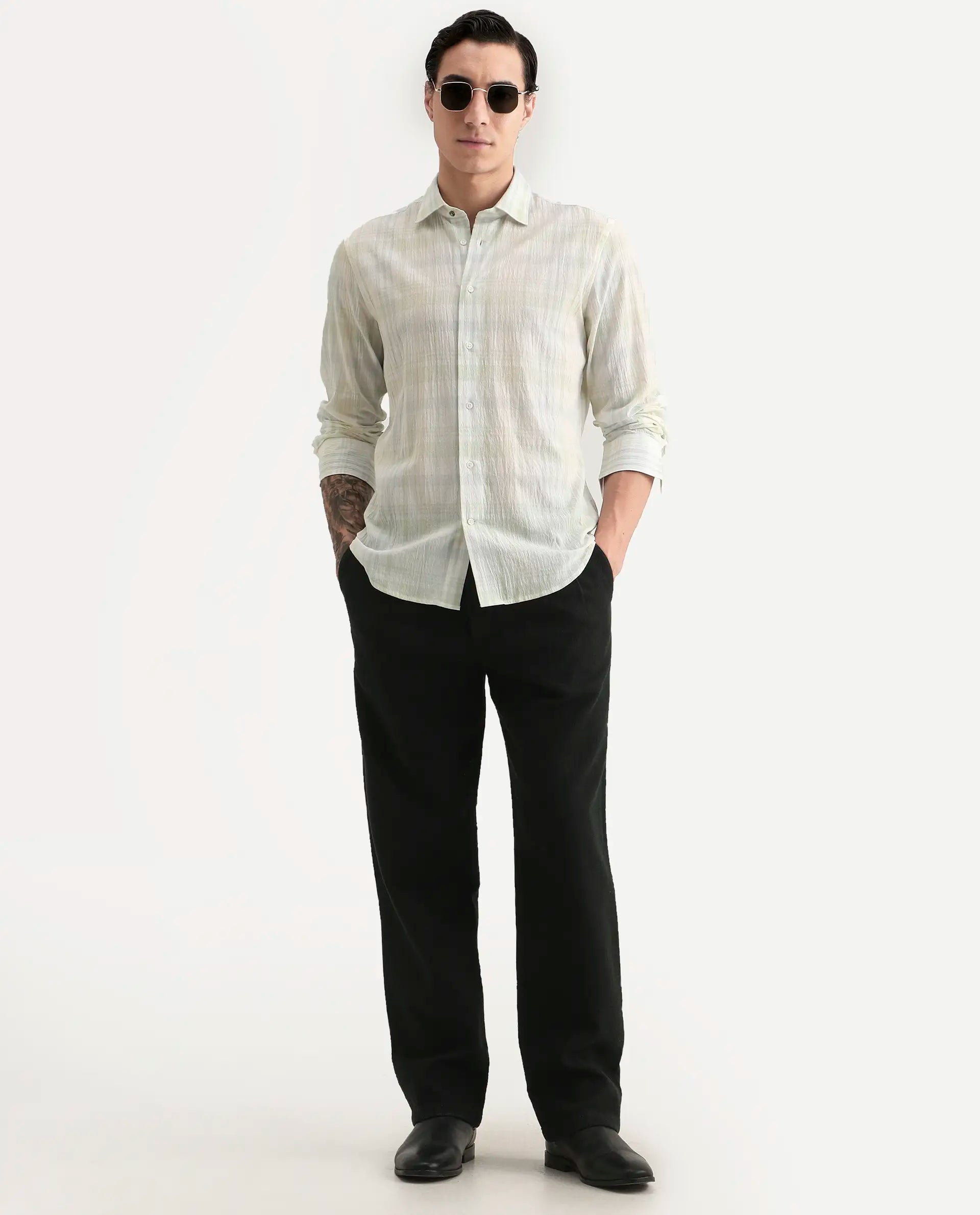 Rare Rabbit Men's Pinge-26 Pastel Green Cotton Fabric Full Sleeve Spread Collar Regular Fit Checked Shirt