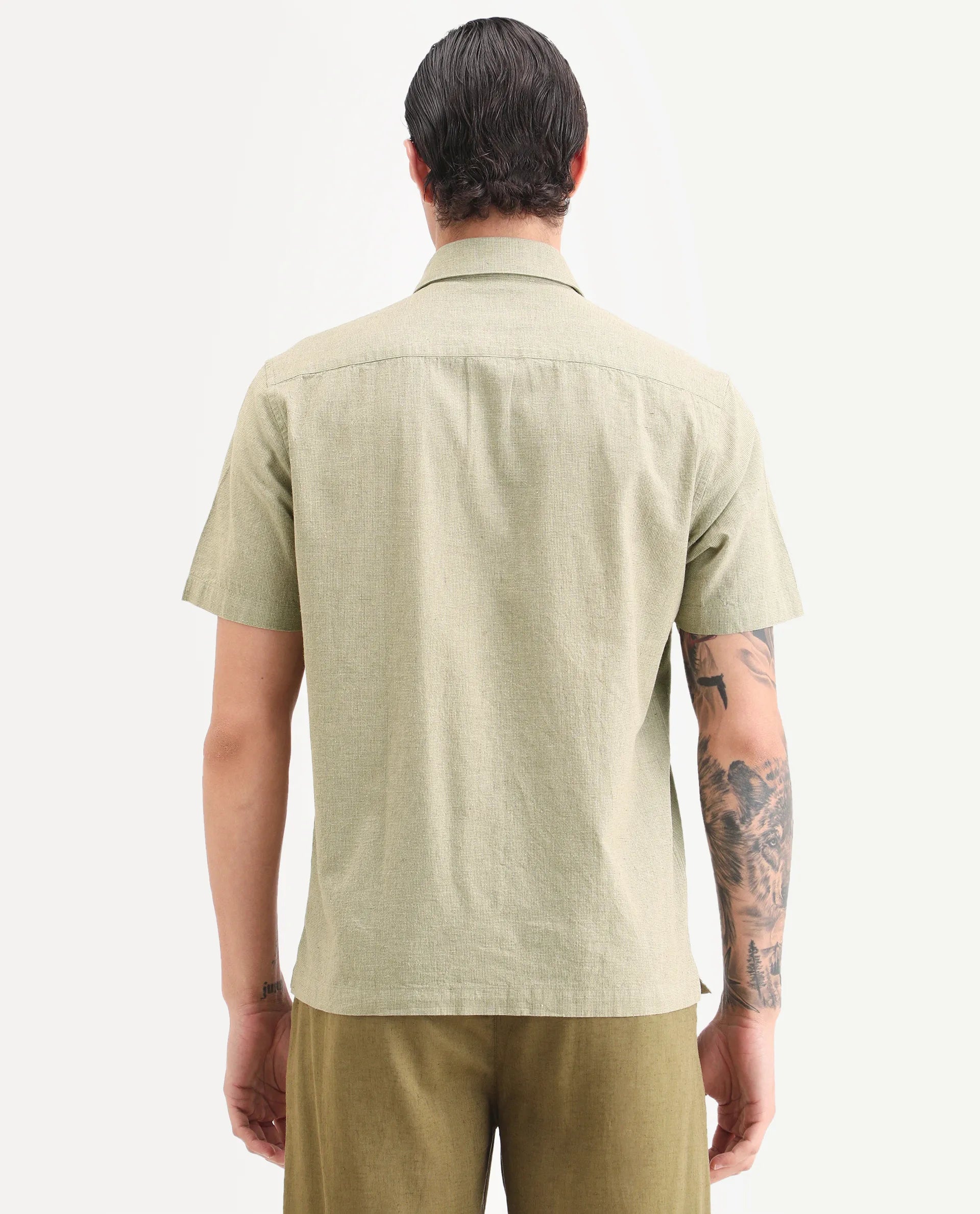 Rare Rabbit Men's Rode Green Linen Blend Fabric Half Sleeve Spread Collar Regular Fit Plain Shirt