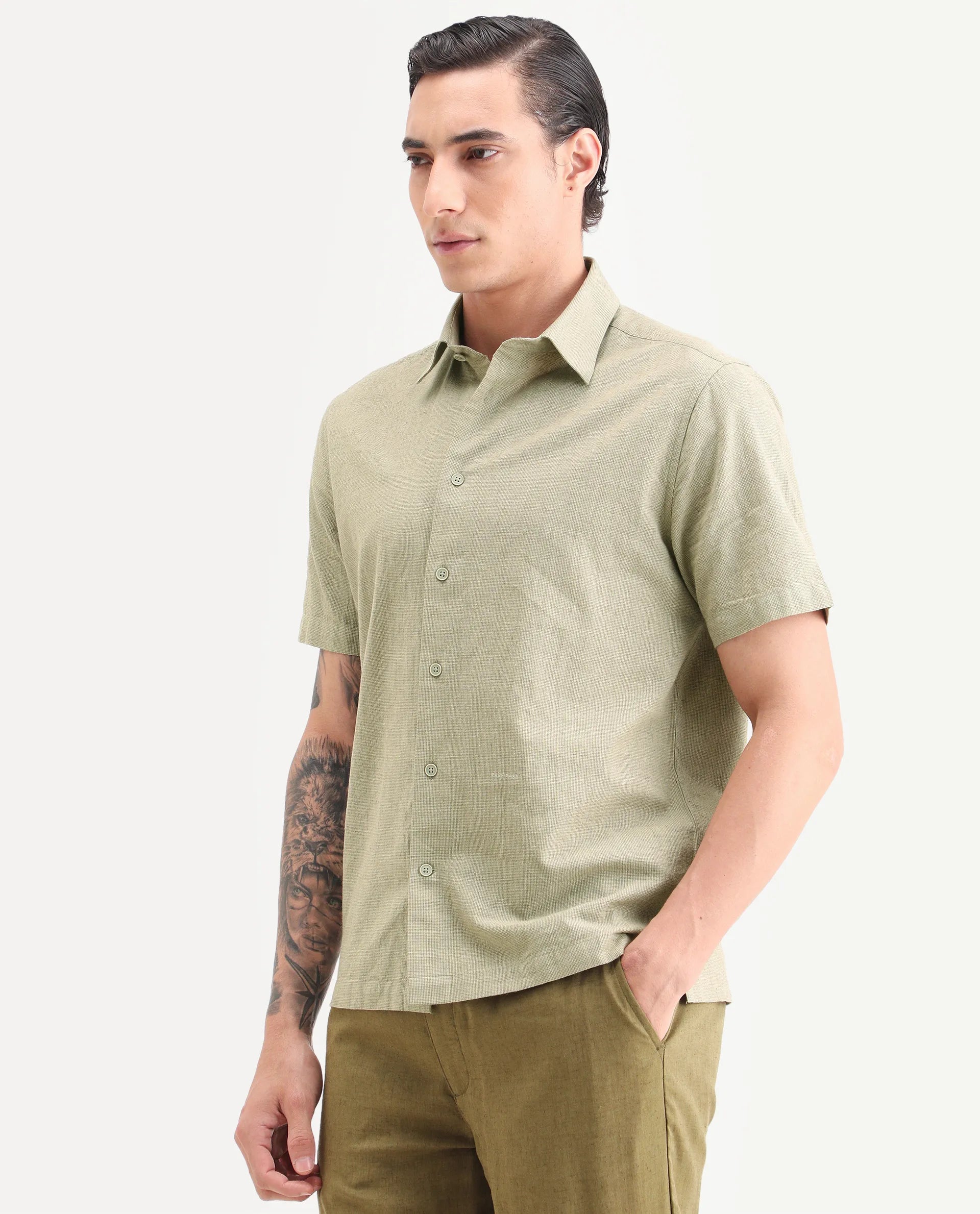 Rare Rabbit Men's Rode Green Linen Blend Fabric Half Sleeve Spread Collar Regular Fit Plain Shirt