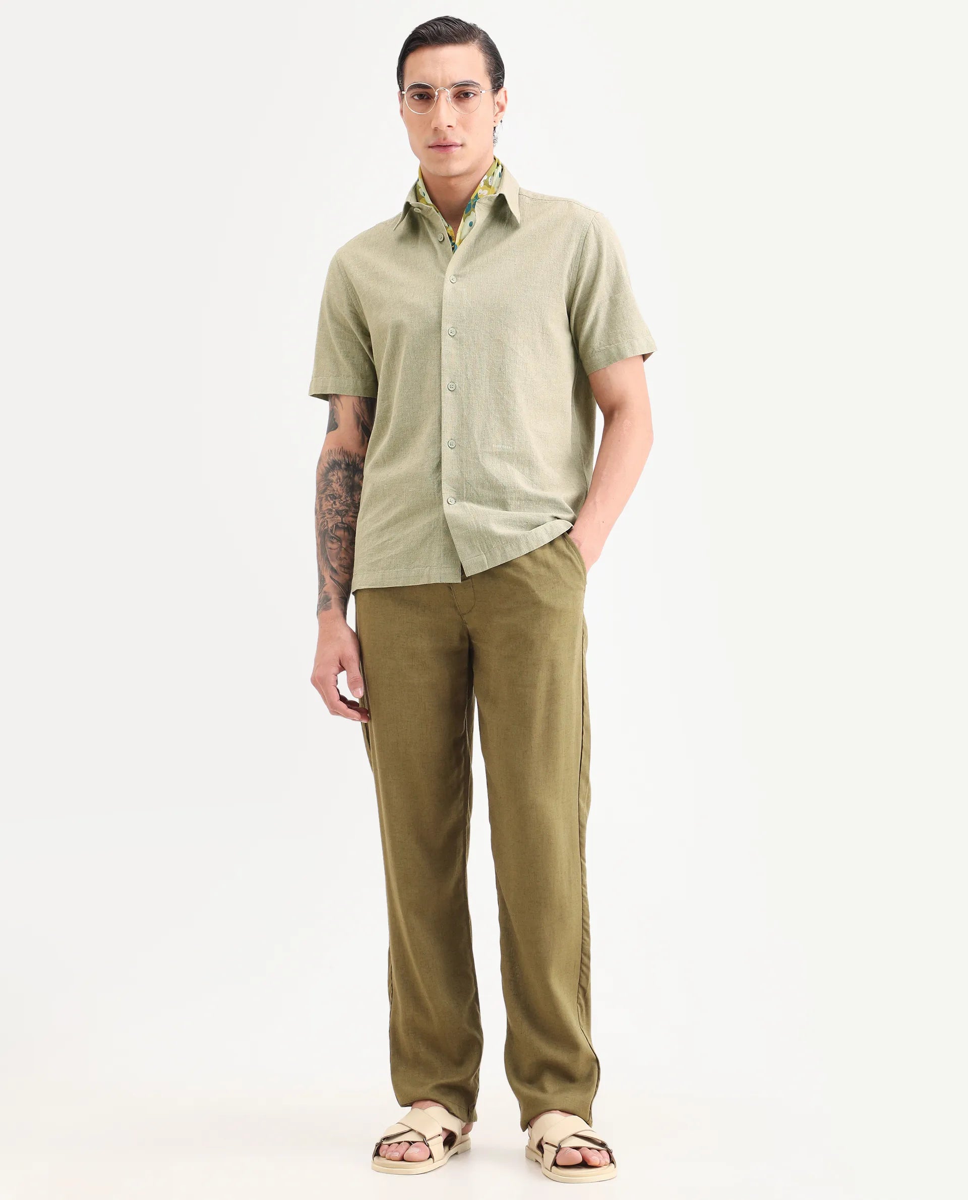 Rare Rabbit Men's Rode Green Linen Blend Fabric Half Sleeve Spread Collar Regular Fit Plain Shirt