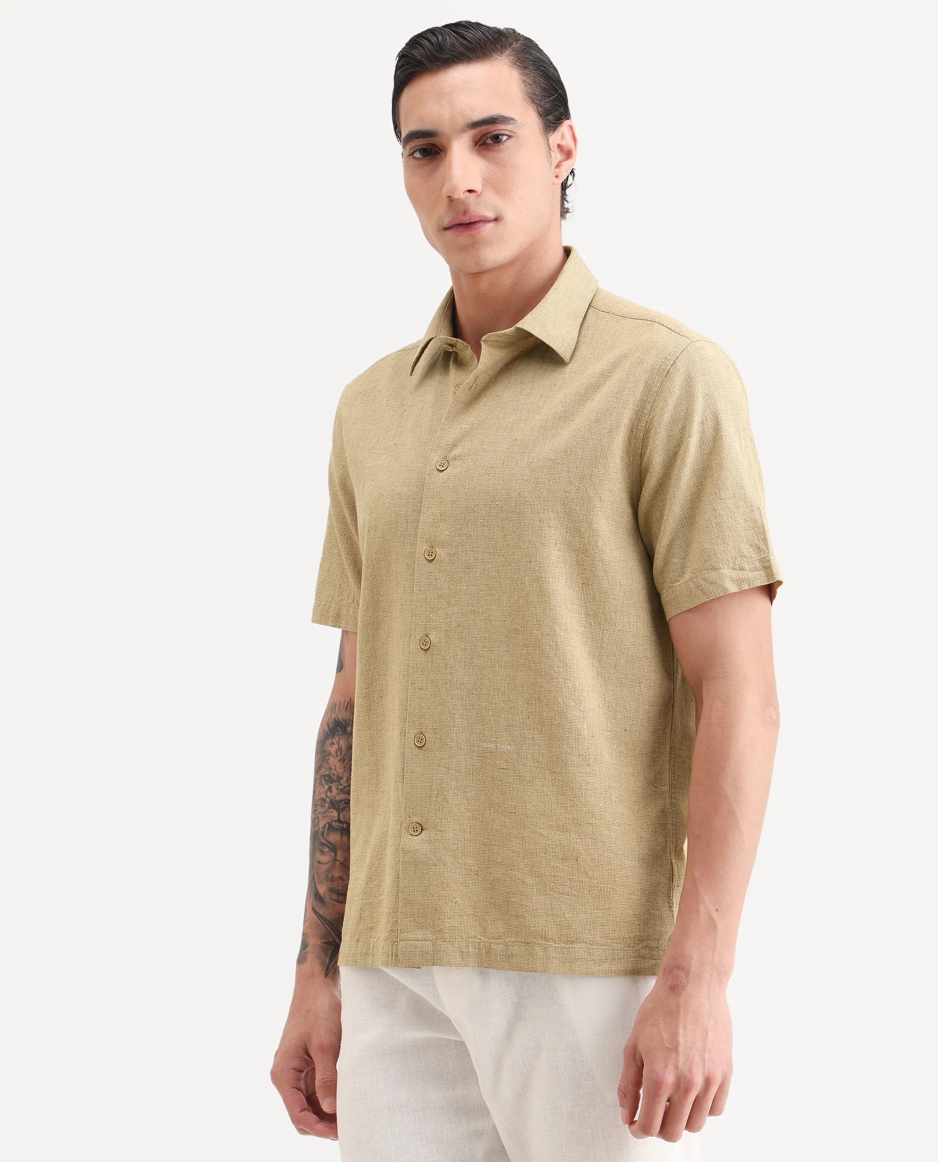 Rare Rabbit Men's Rode Musturd Linen Blend Fabric Half Sleeve Spread Collar Regular Fit Plain Shirt