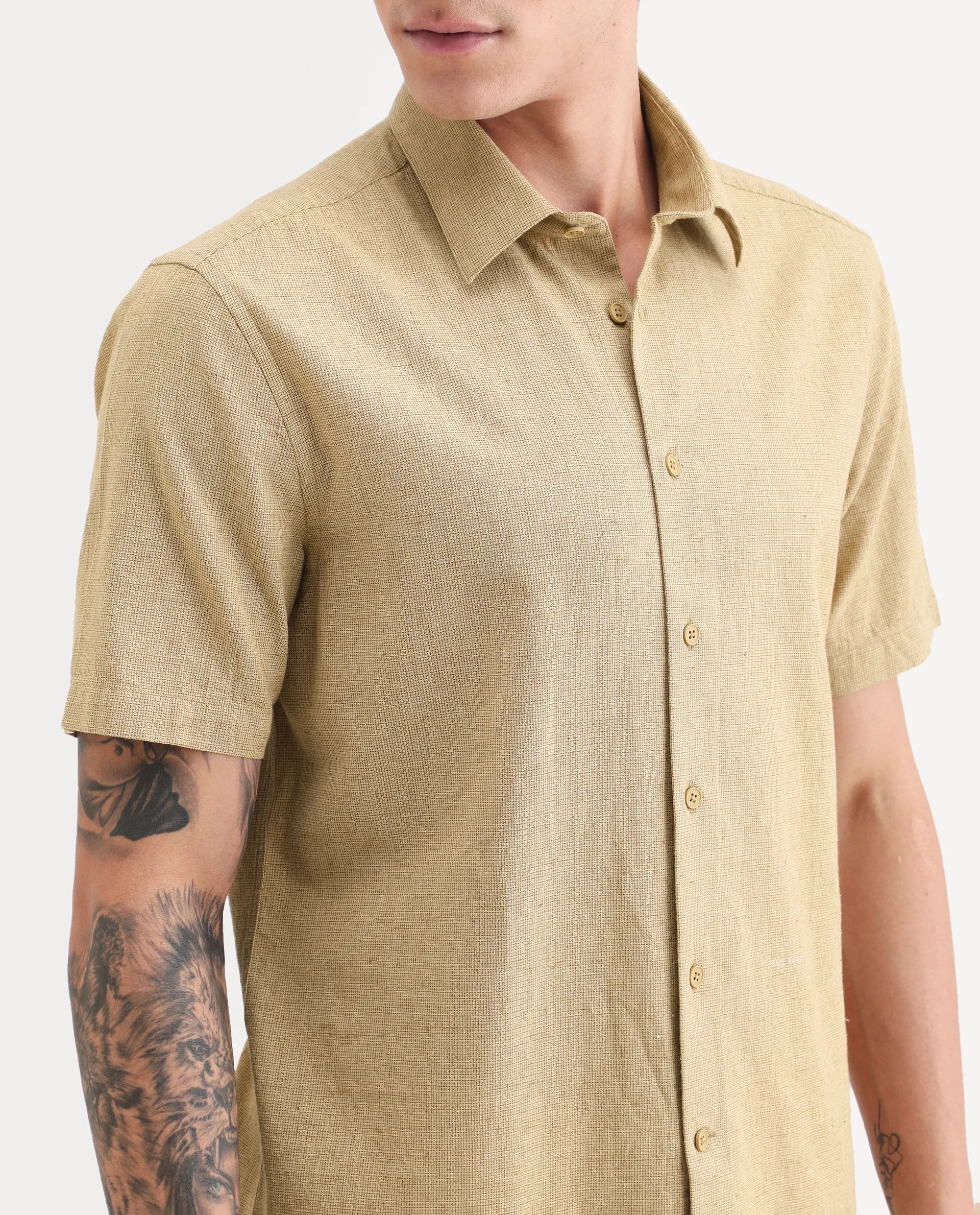 Rare Rabbit Men's Rode Musturd Linen Blend Fabric Half Sleeve Spread Collar Regular Fit Plain Shirt
