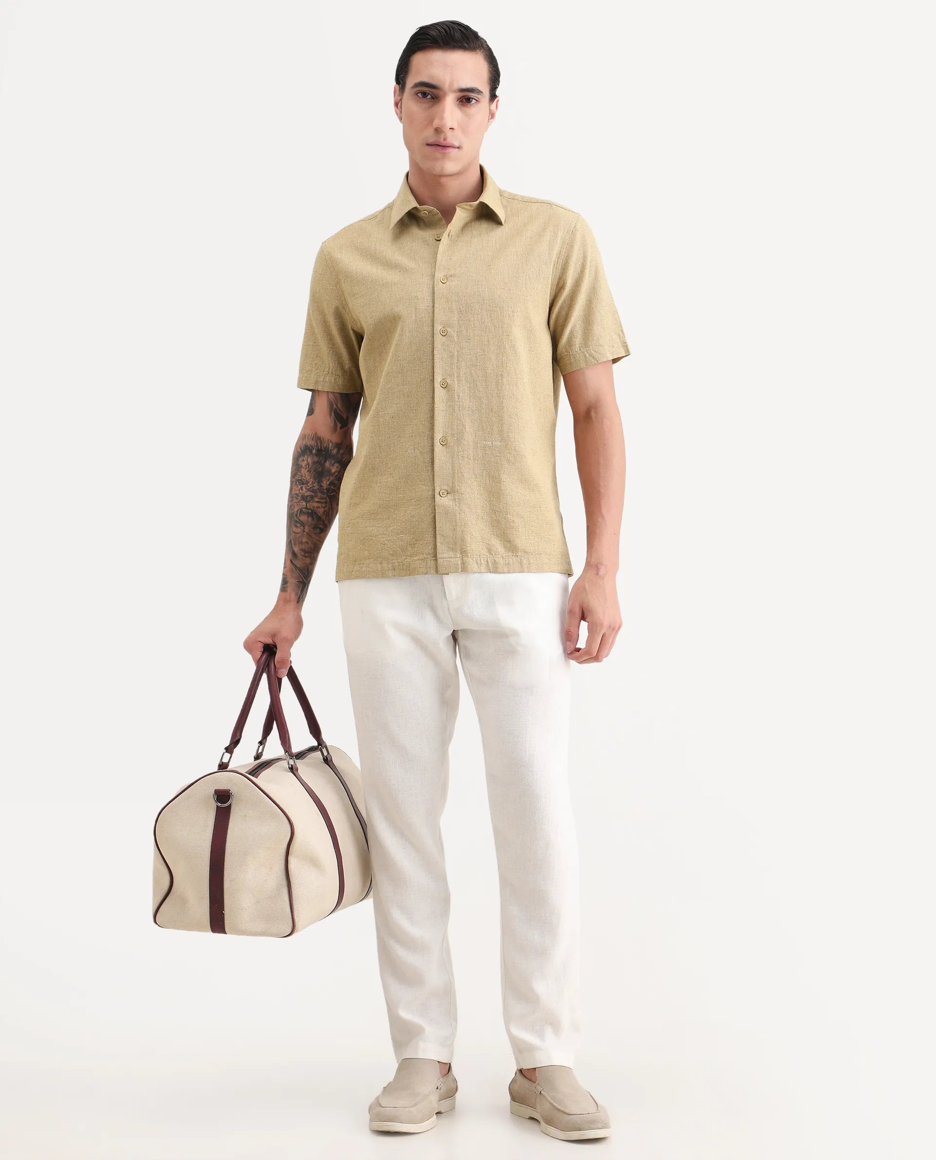 Rare Rabbit Men's Rode Musturd Linen Blend Fabric Half Sleeve Spread Collar Regular Fit Plain Shirt