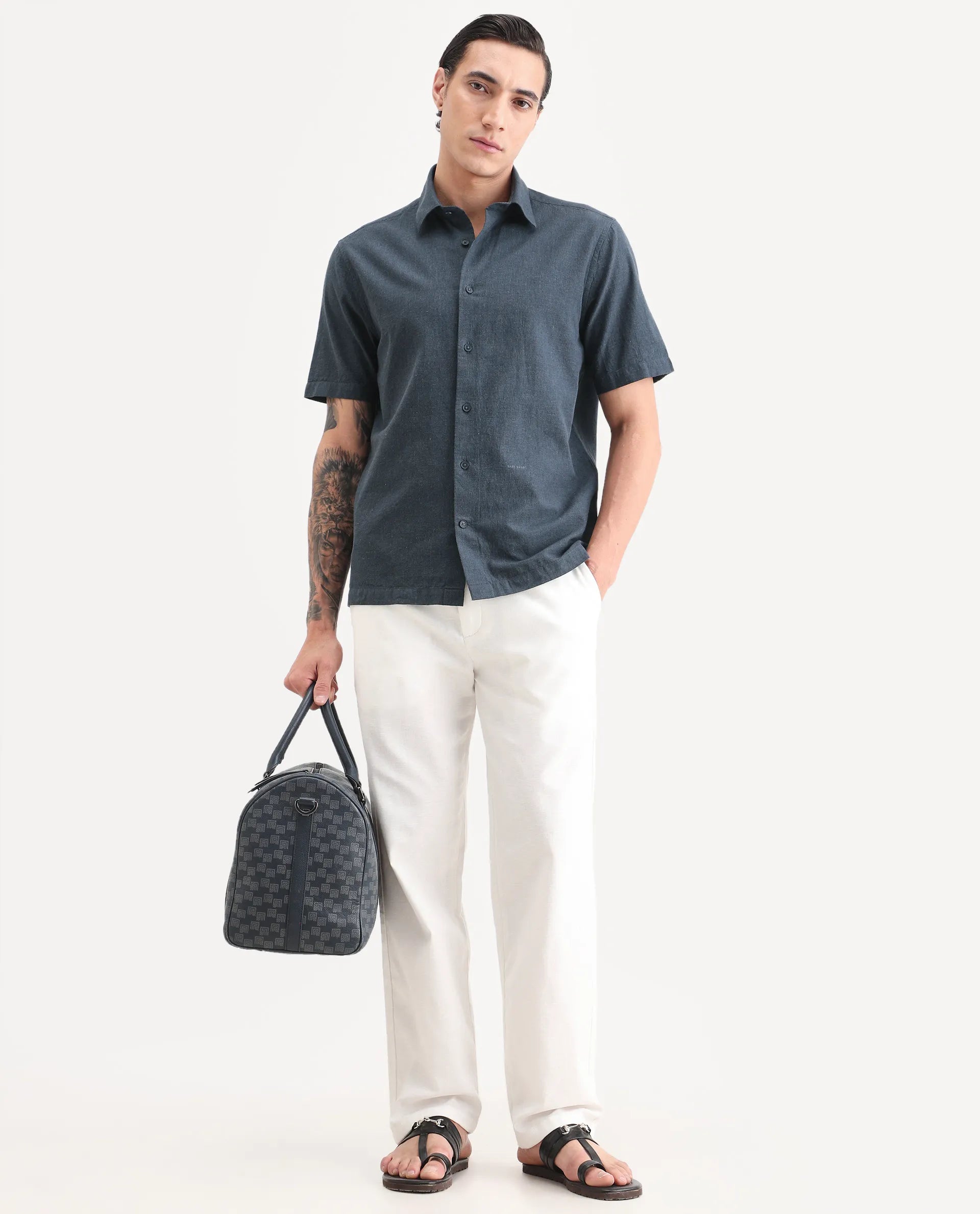 Rare Rabbit Men's Rode Dark Blue Linen Blend Fabric Half Sleeve Spread Collar Regular Fit Plain Shirt