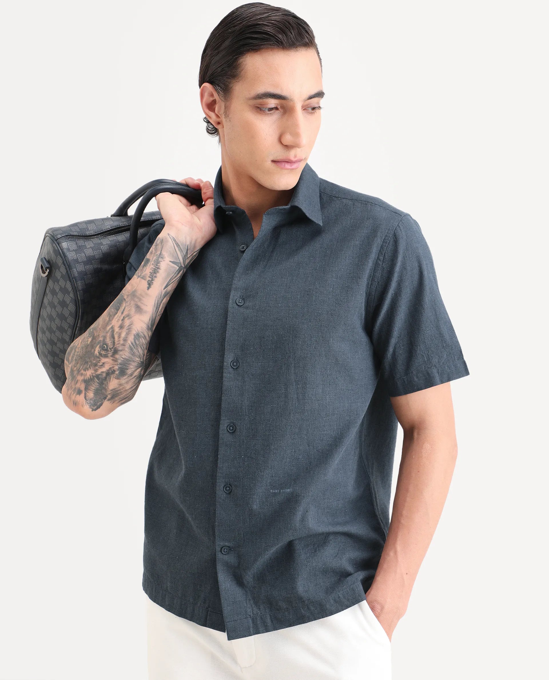Rare Rabbit Men's Rode Dark Blue Linen Blend Fabric Half Sleeve Spread Collar Regular Fit Plain Shirt