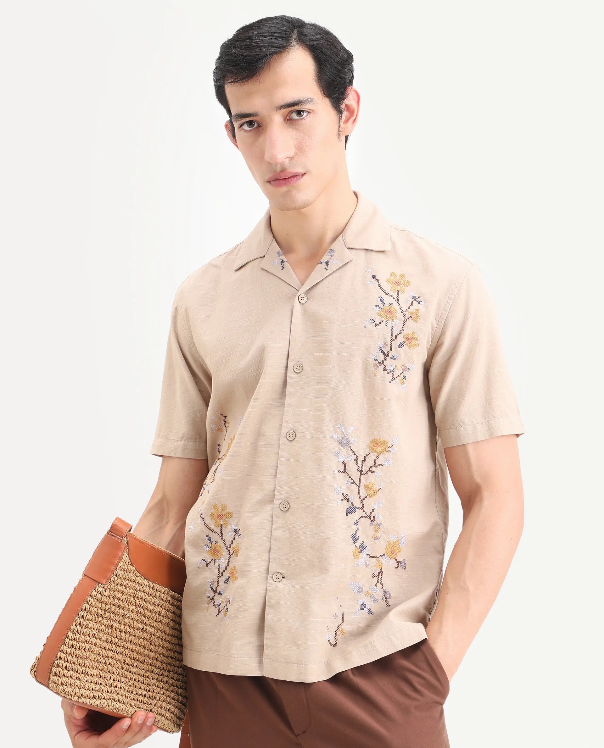 Rare Rabbit Men's Frot Dark Beige Linen Blend Fabric Half Sleeve Cuban Collar Relaxed Fit Embroidered Shirt