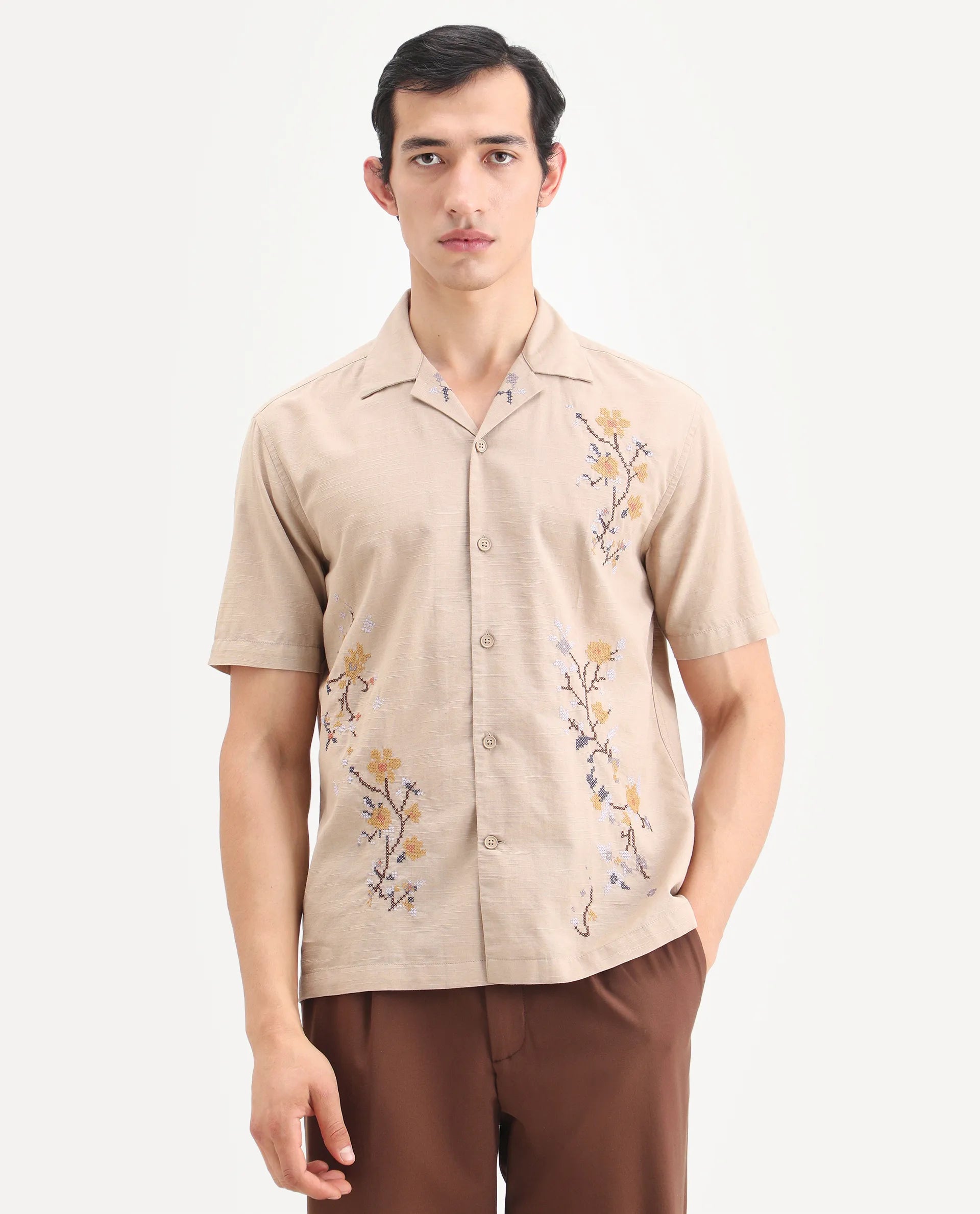 Rare Rabbit Men's Frot Dark Beige Linen Blend Fabric Half Sleeve Cuban Collar Relaxed Fit Embroidered Shirt