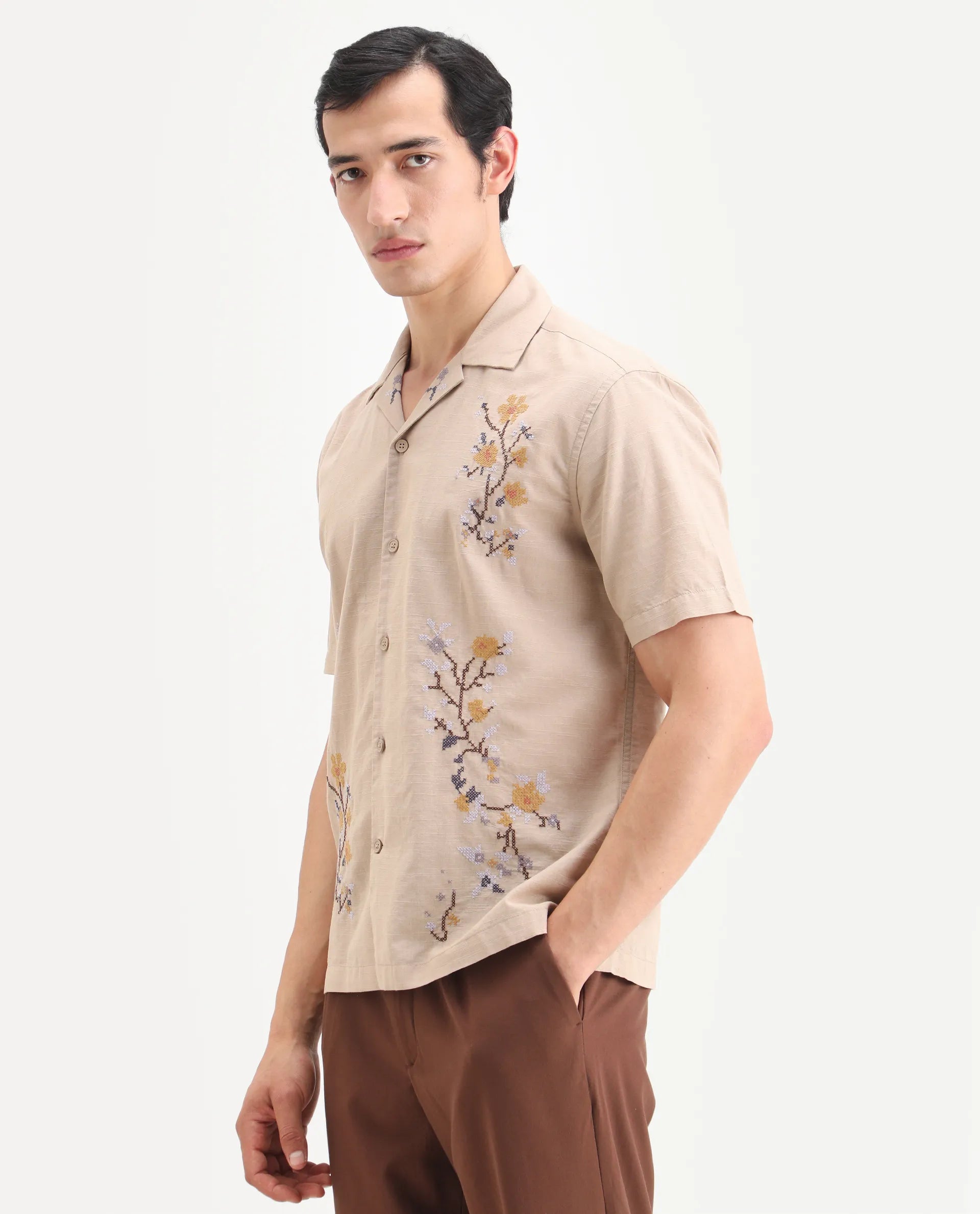 Rare Rabbit Men's Frot Dark Beige Linen Blend Fabric Half Sleeve Cuban Collar Relaxed Fit Embroidered Shirt