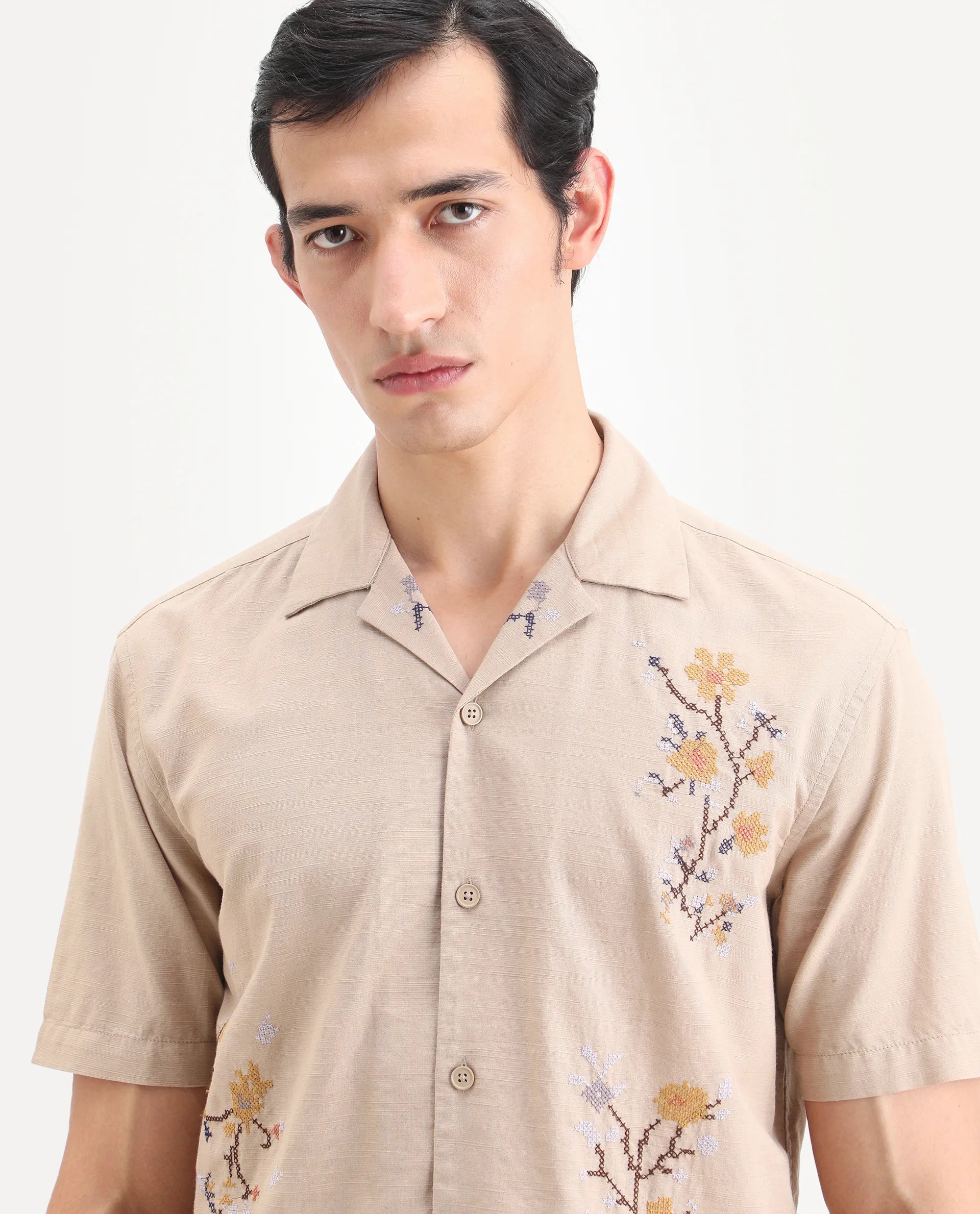 Rare Rabbit Men's Frot Dark Beige Linen Blend Fabric Half Sleeve Cuban Collar Relaxed Fit Embroidered Shirt