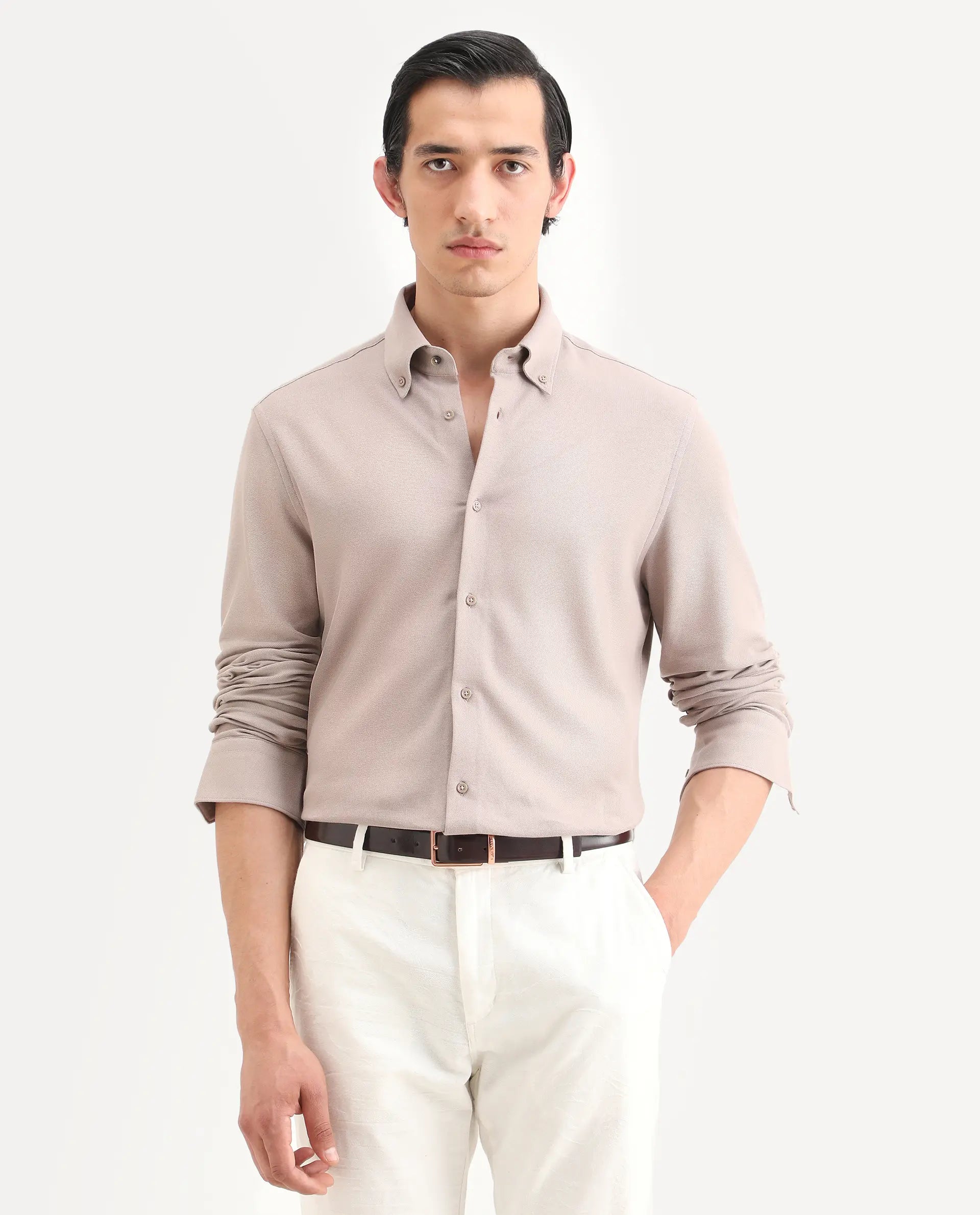 Rare Rabbit Men's Vane-Ss26 Beige Cotton Fabric Full Sleeve Regular Fit Plain Shirt