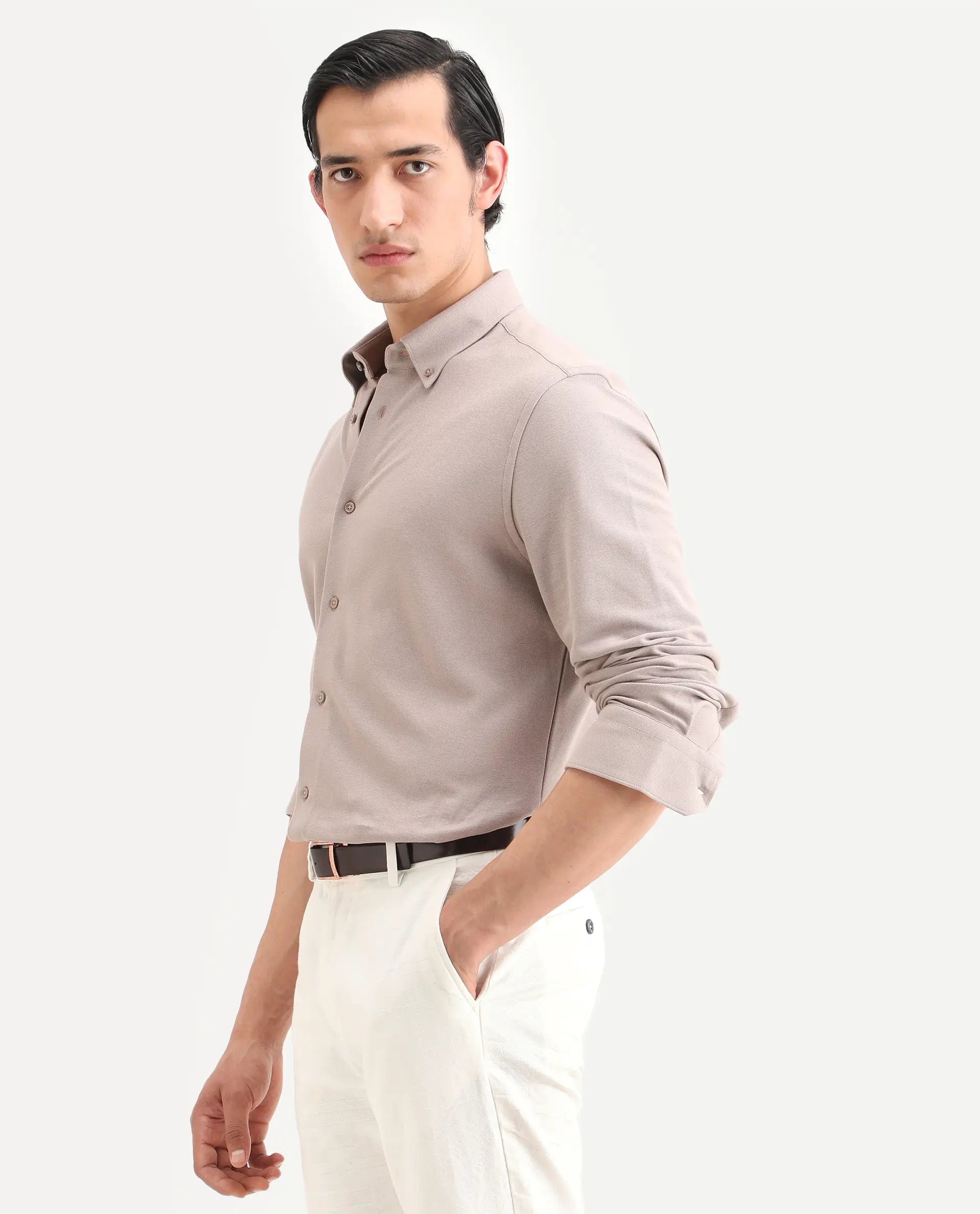 Rare Rabbit Men's Vane-Ss26 Beige Cotton Fabric Full Sleeve Regular Fit Plain Shirt