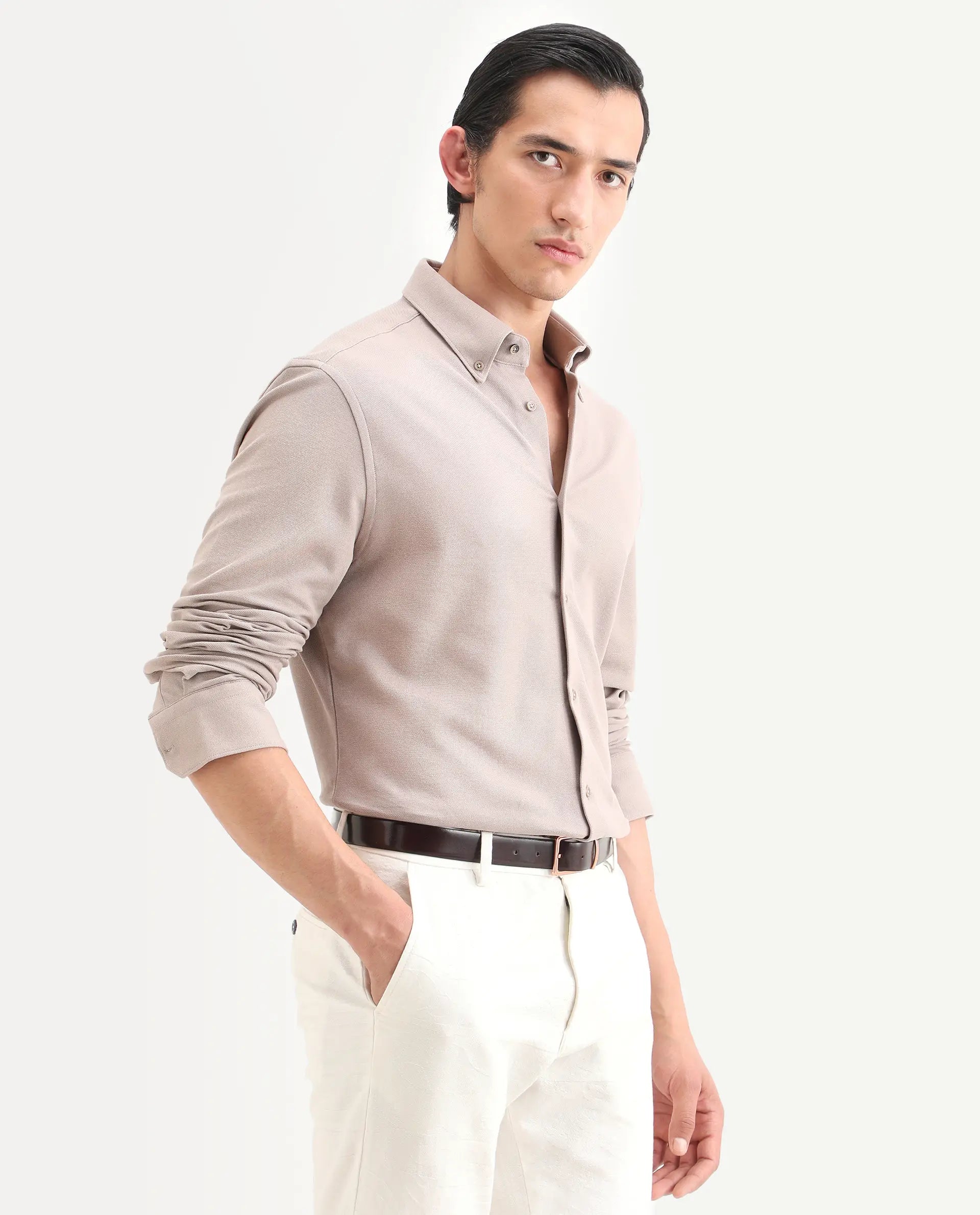 Rare Rabbit Men's Vane-Ss26 Beige Cotton Fabric Full Sleeve Regular Fit Plain Shirt