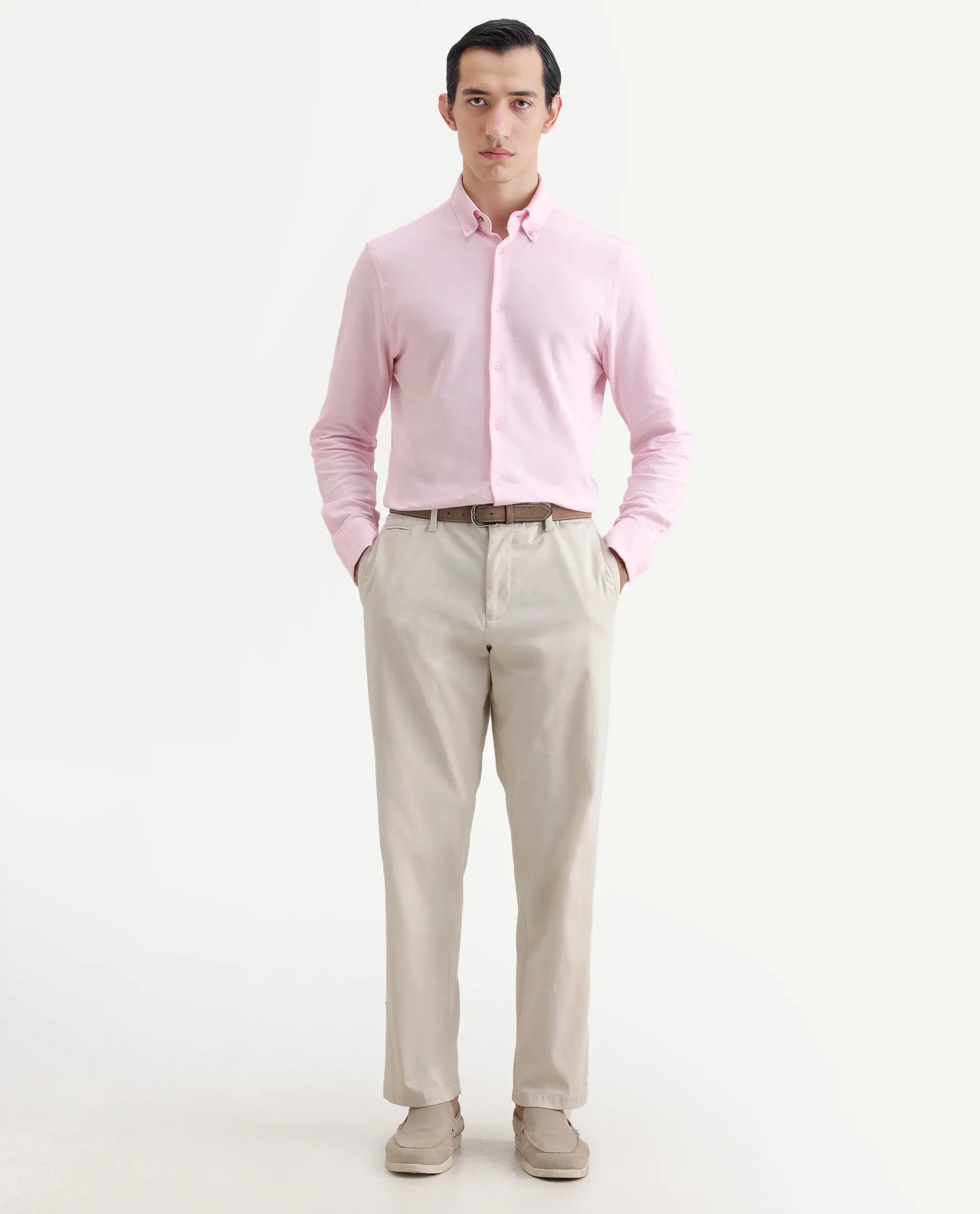 Rare Rabbit Men's Vane-Ss26 Light Pink Cotton Fabric Full Sleeve Regular Fit Plain Shirt