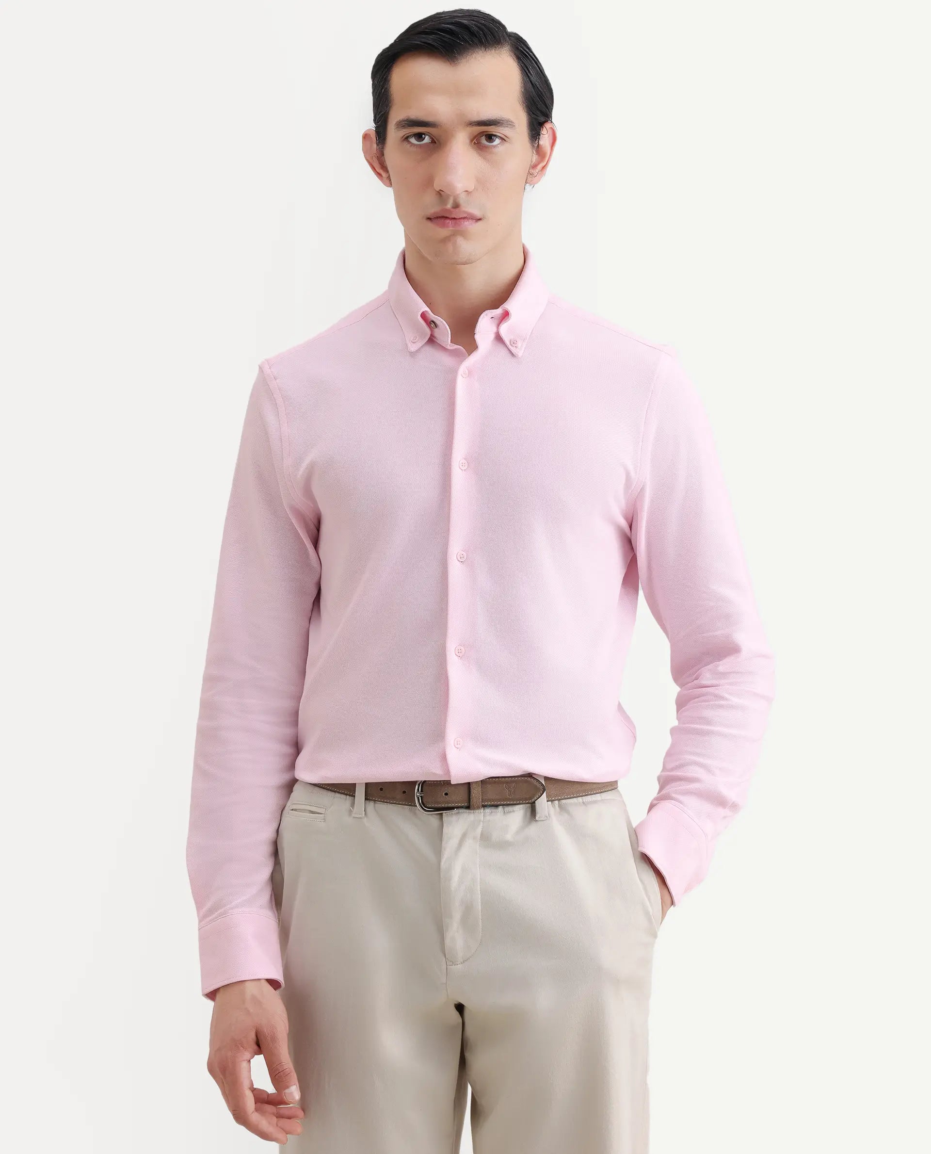 Rare Rabbit Men's Vane-Ss26 Light Pink Cotton Fabric Full Sleeve Regular Fit Plain Shirt